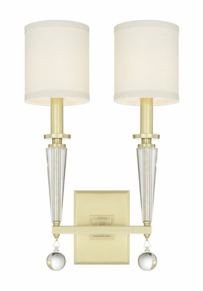 Paxton Aged Brass 2-Light Sconce with White Silk Shade and Clear Glass Drops