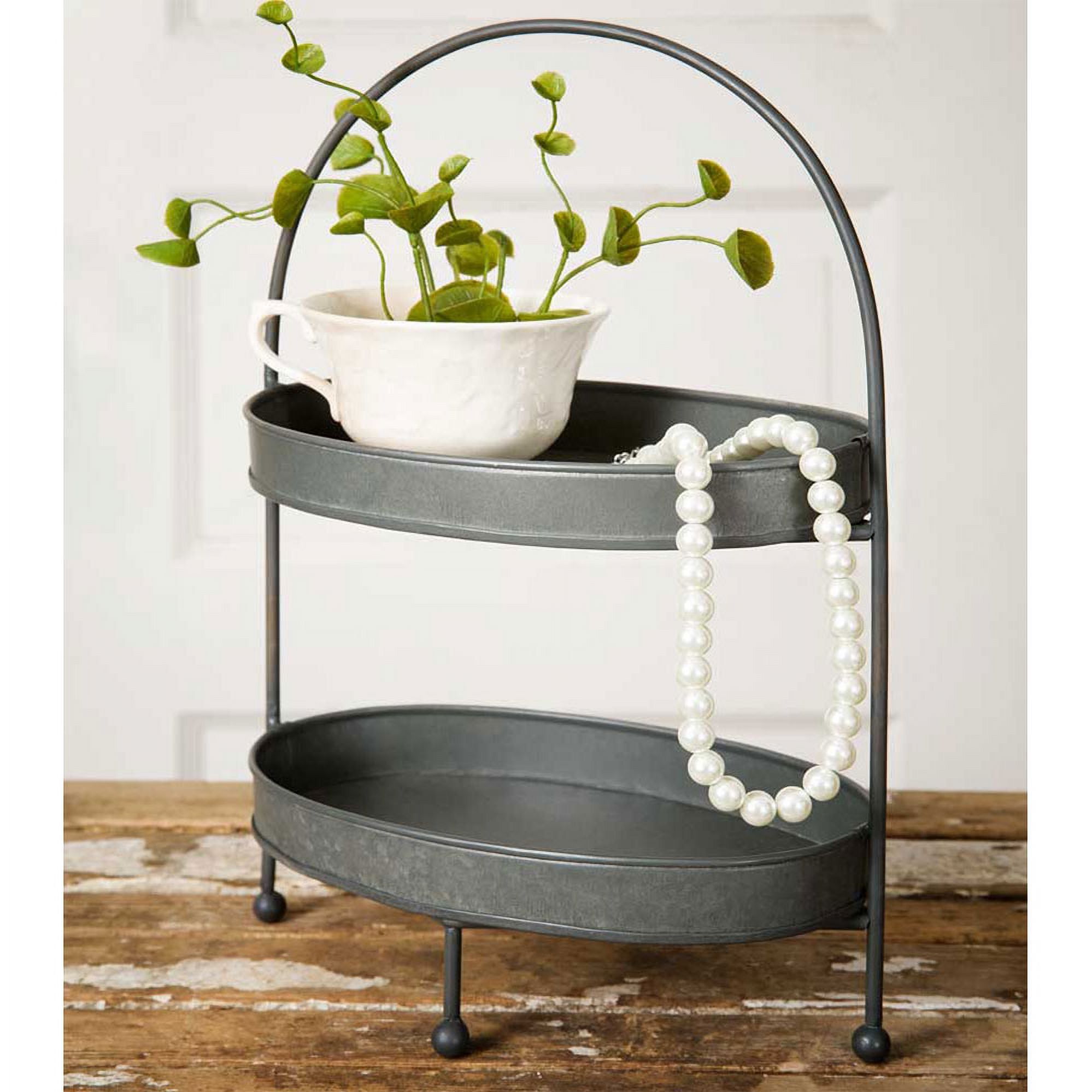 Rustic Farmhouse Antiqued Two-Tier Oval Metal Tray