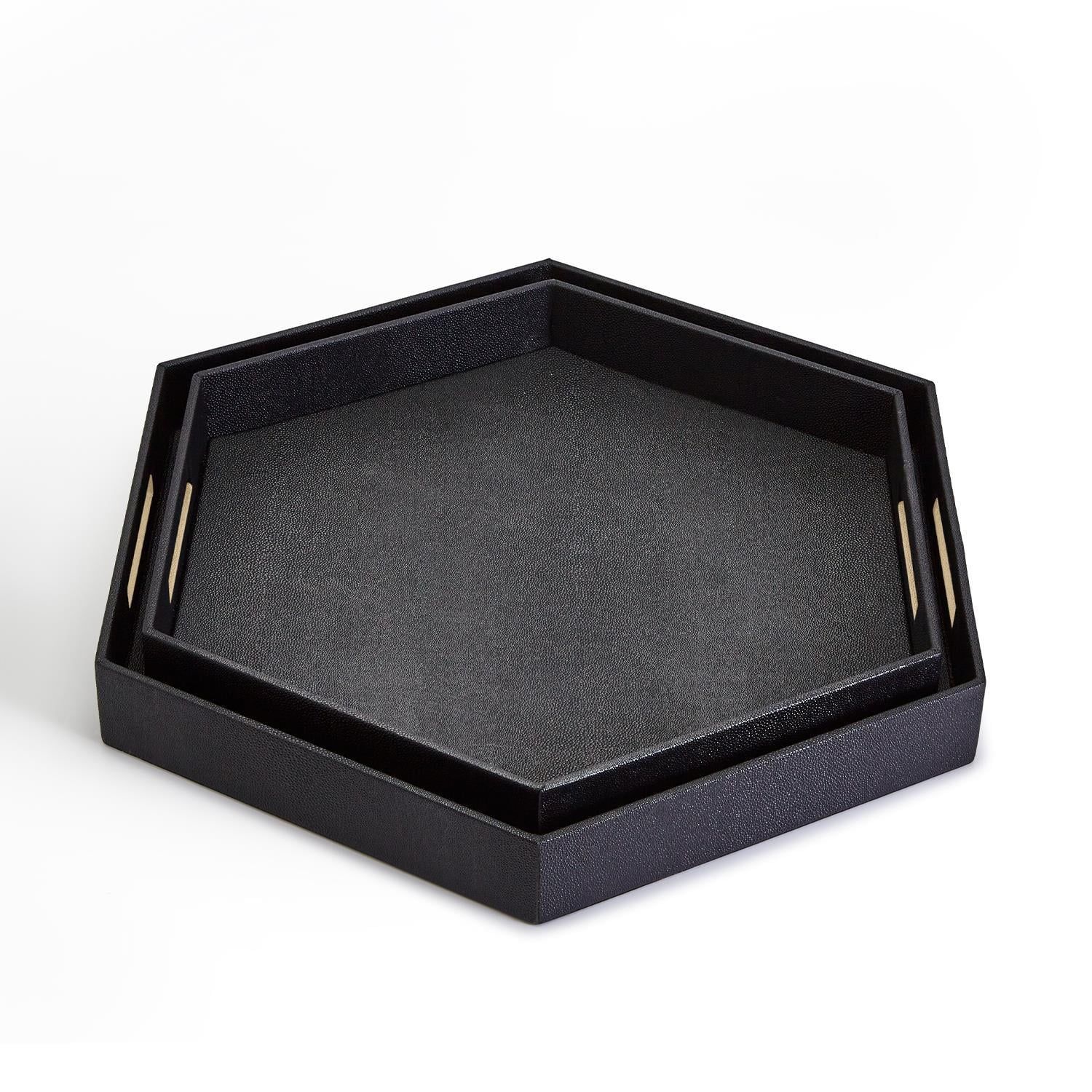 Black Hexagon Stingray Trays with Gold Handles, Set of 2