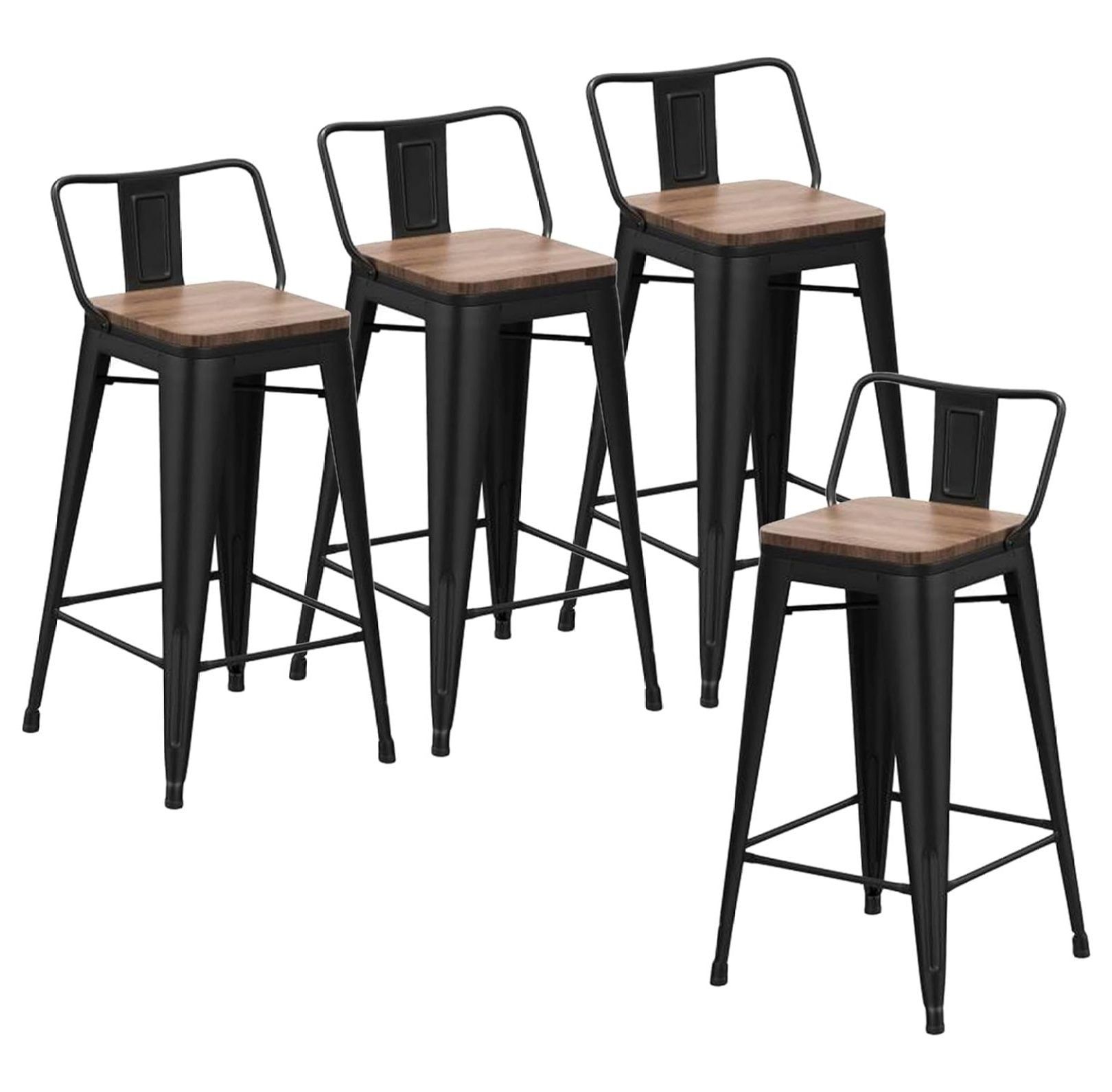 Set of 4 Black Metal Bar Stools with Wood Seats