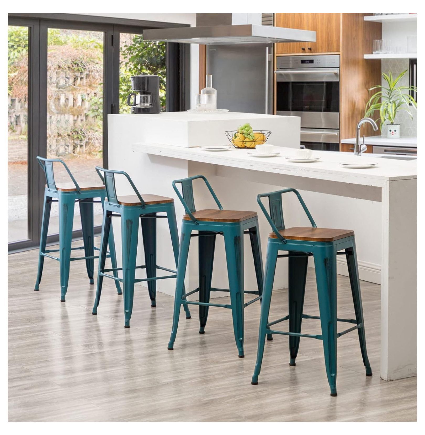 Distressed Teal 24" Industrial Metal Bar Stools with Wooden Seats