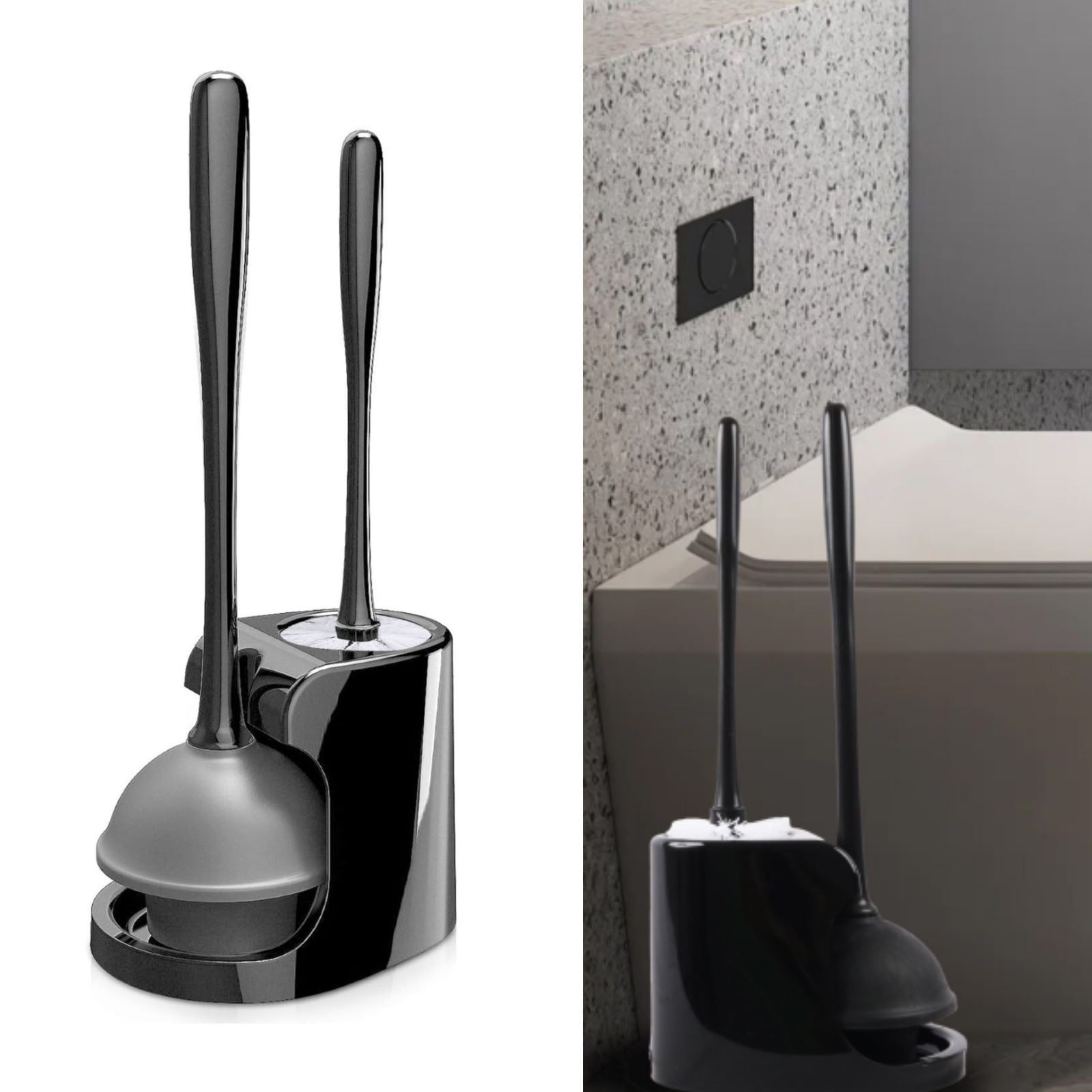 Black 2-in-1 Toilet Brush and Plunger Set with Ventilated Holder