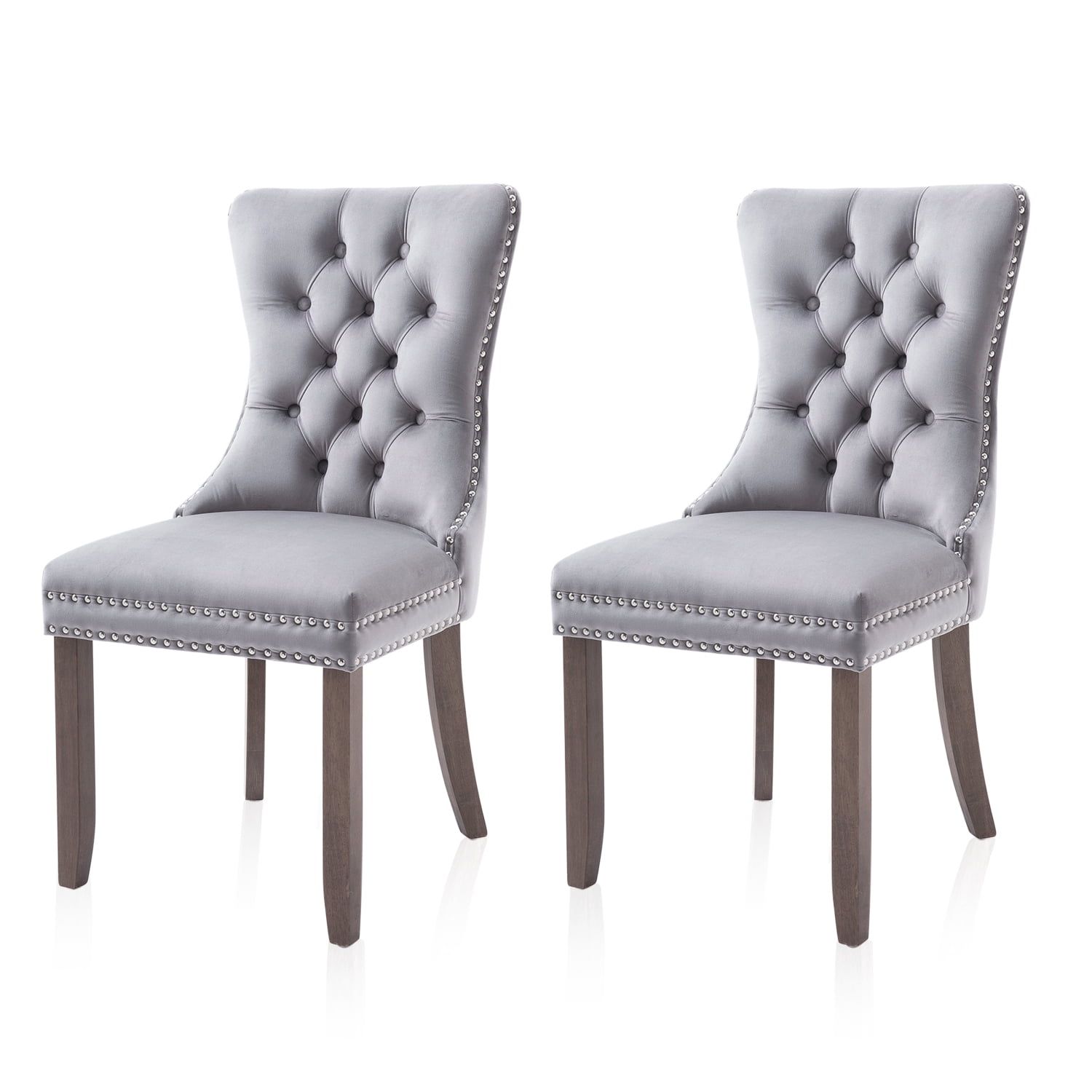 Gray Velvet Upholstered High Back Side Chair with Wood Legs