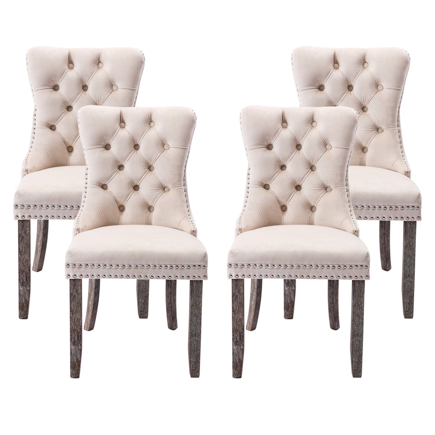 Beige Velvet Upholstered Wingback Side Chairs with Wood Legs, Set of 4