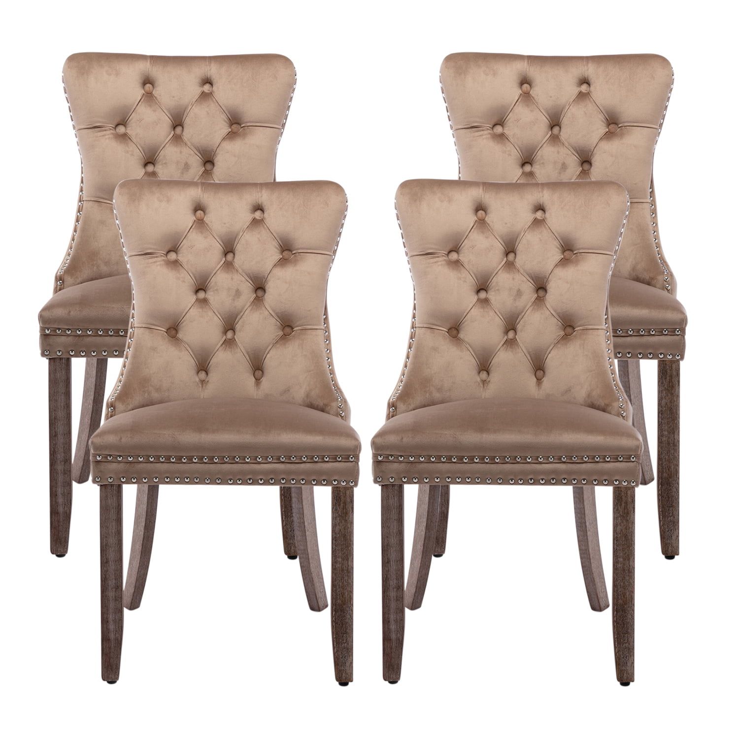 Beige Velvet Upholstered Dining Chairs with Wood Legs, Set of 4