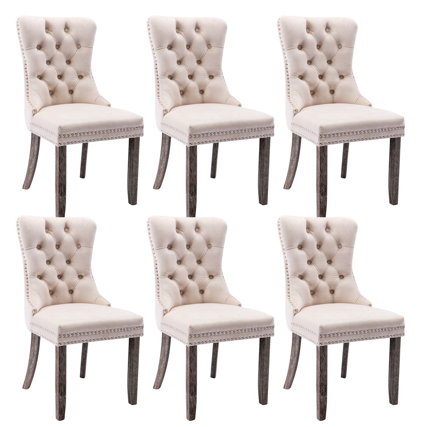 Beige Velvet Tufted Upholstered Side Chairs with Nailhead Trim, Set of 6