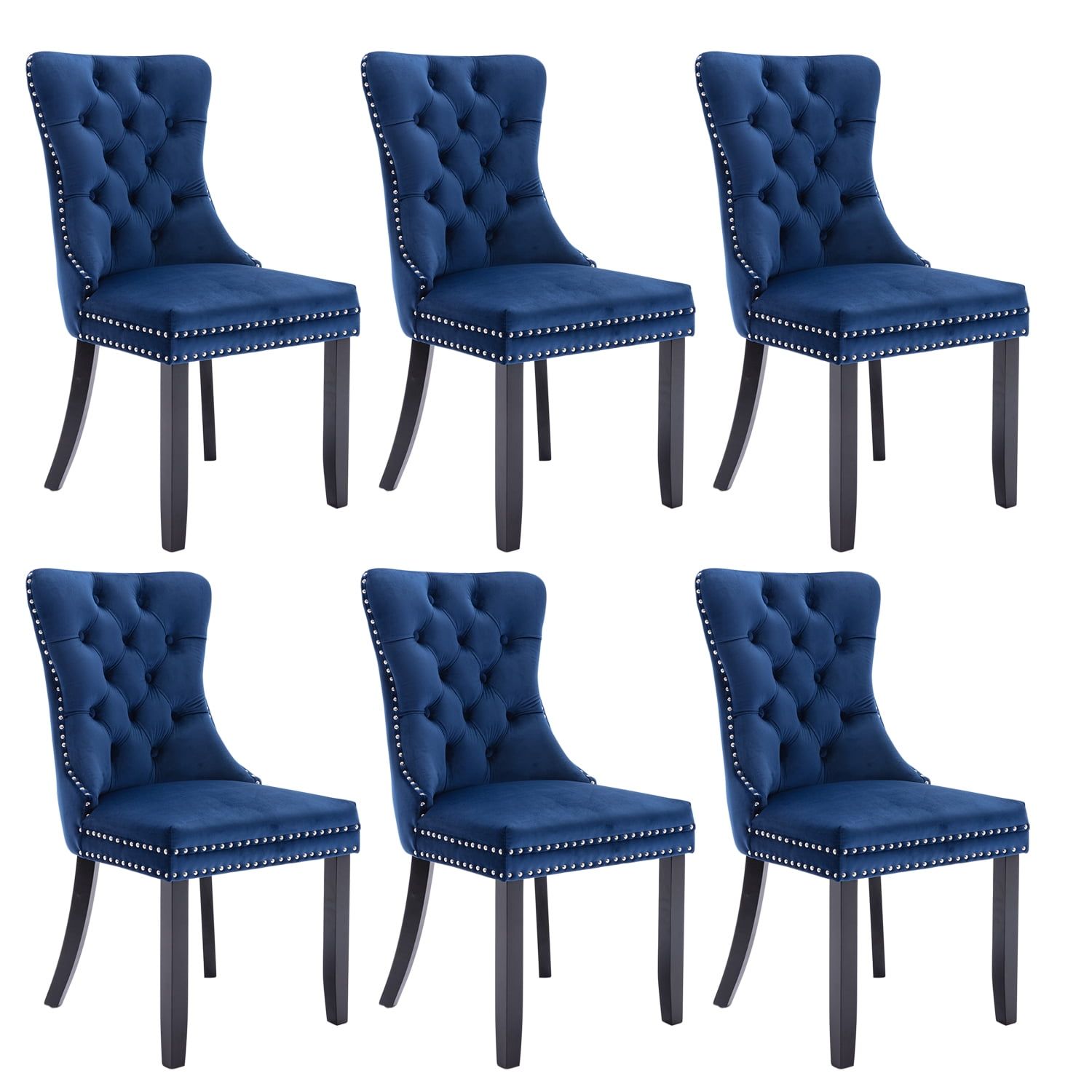 Blue Velvet Upholstered Tufted Side Chair Set with Wood Legs