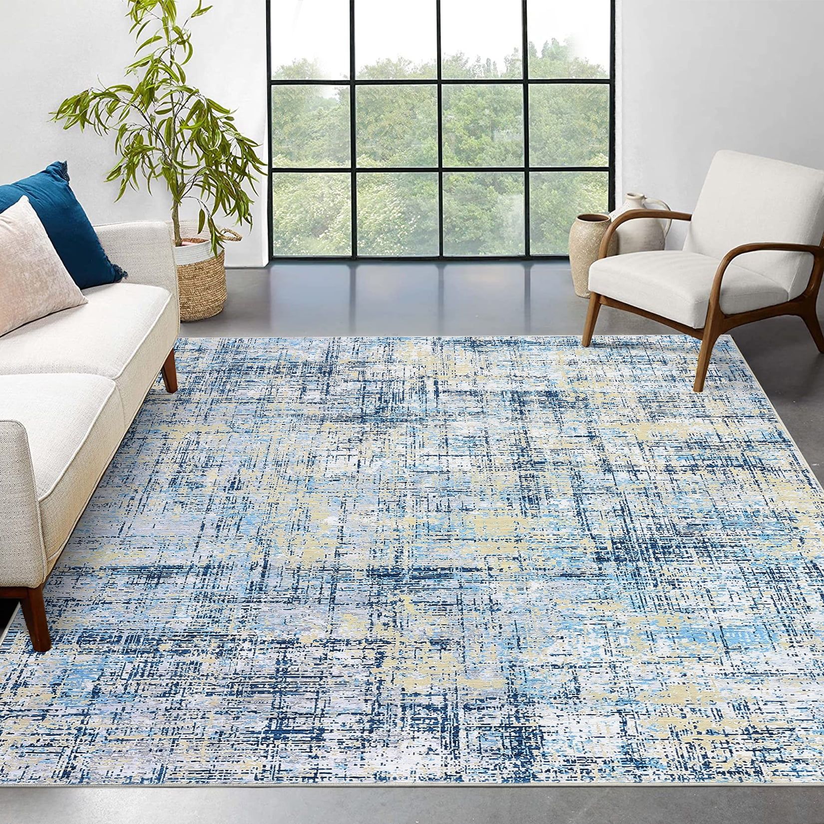 Ink Blue Abstract Washable 9' x 12' Synthetic Area Rug