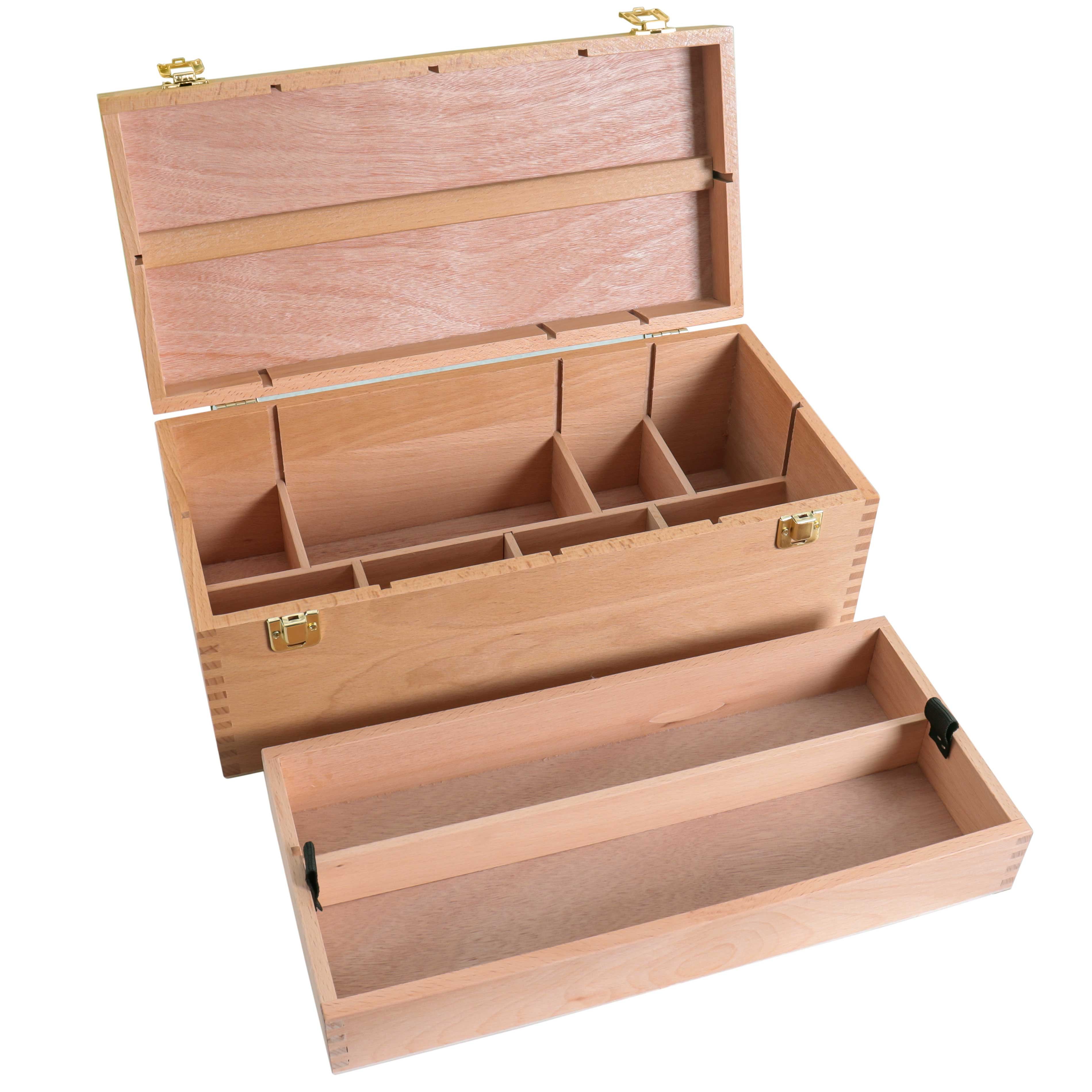 Beechwood Artist Tool Storage Box with Removable Tray and Locking Clasps