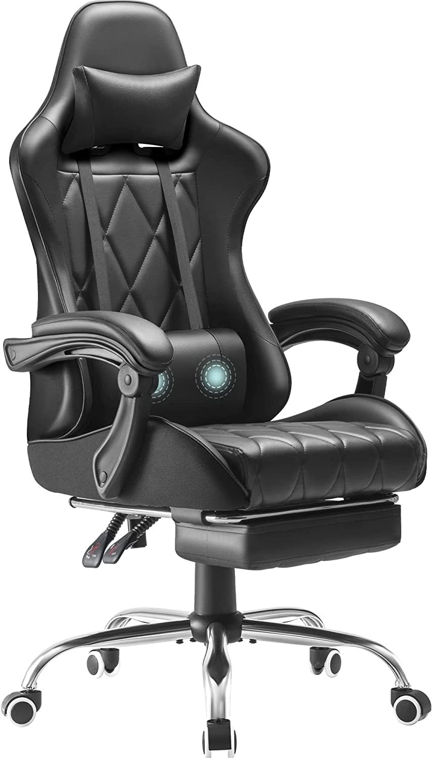 Black Ergonomic Gaming Chair with Footrest and Massage Lumbar Support