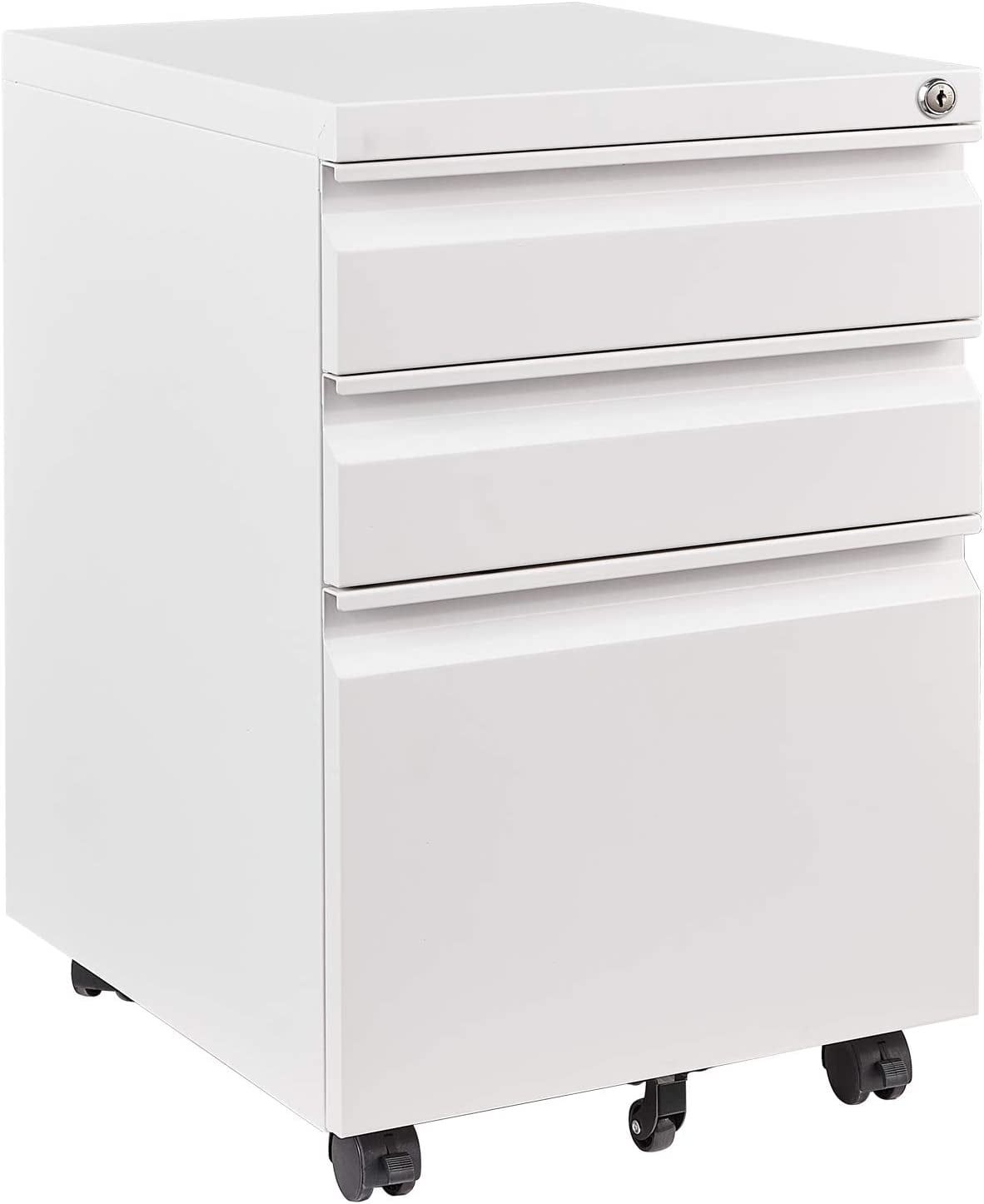 White Mobile 3-Drawer Lockable Steel File Cabinet