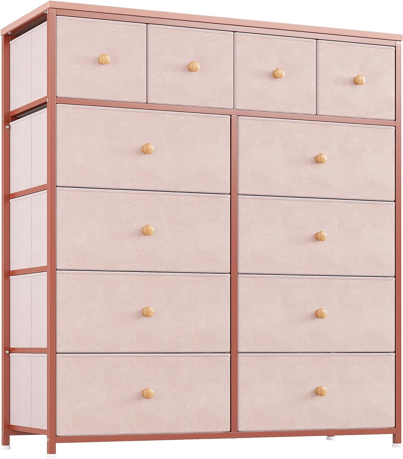 Pink Tall Nursery Dresser with 12 Fabric Drawers and Metal Frame