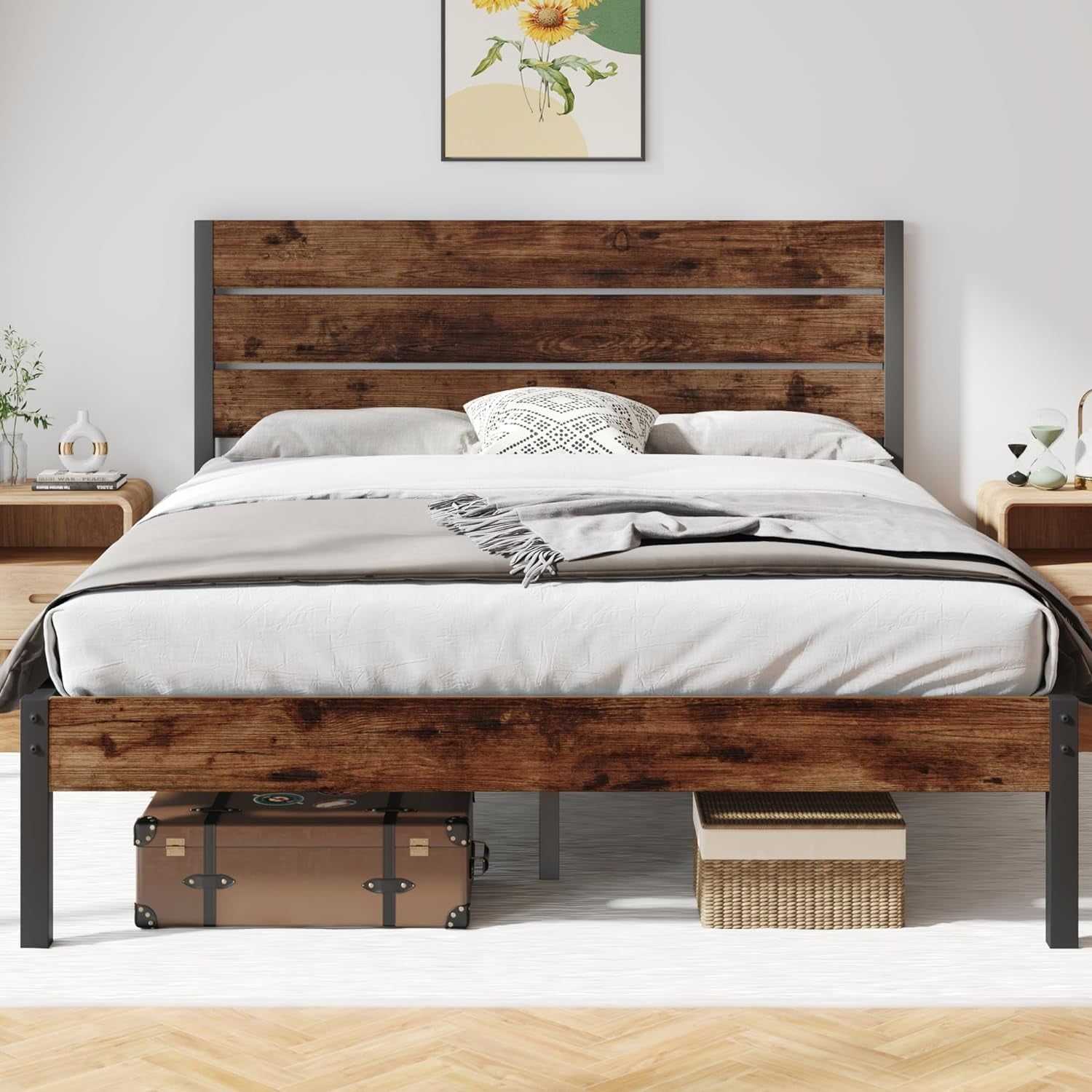 Rustic Brown Queen Metal Bed Frame with Headboard and Slats