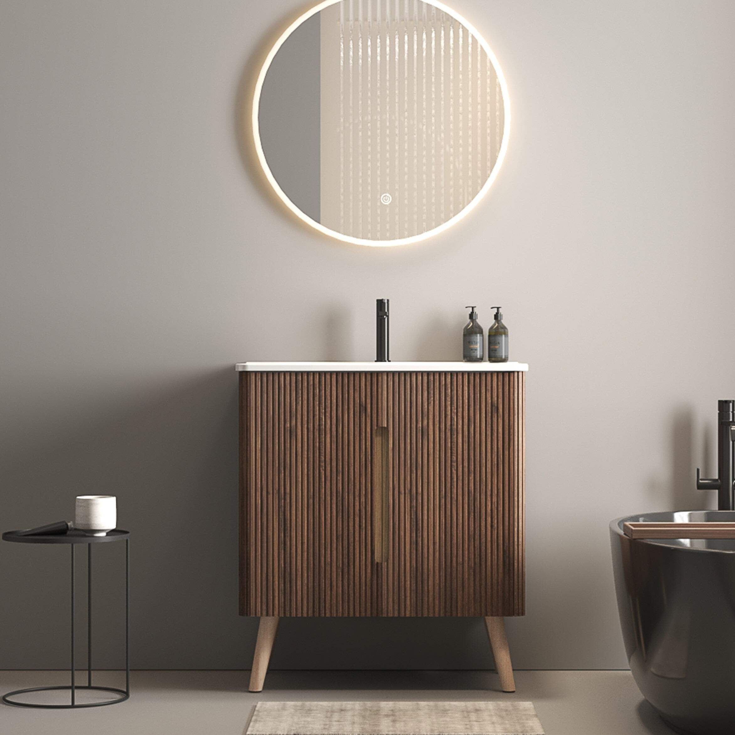 30" Walnut Striped Freestanding Bathroom Vanity with Sink