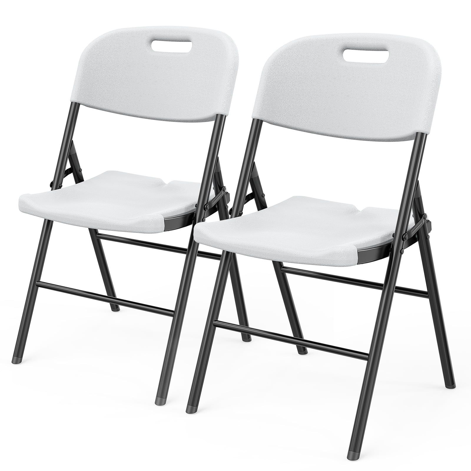 White Plastic Folding Chairs with Steel Frame, 2-Pack