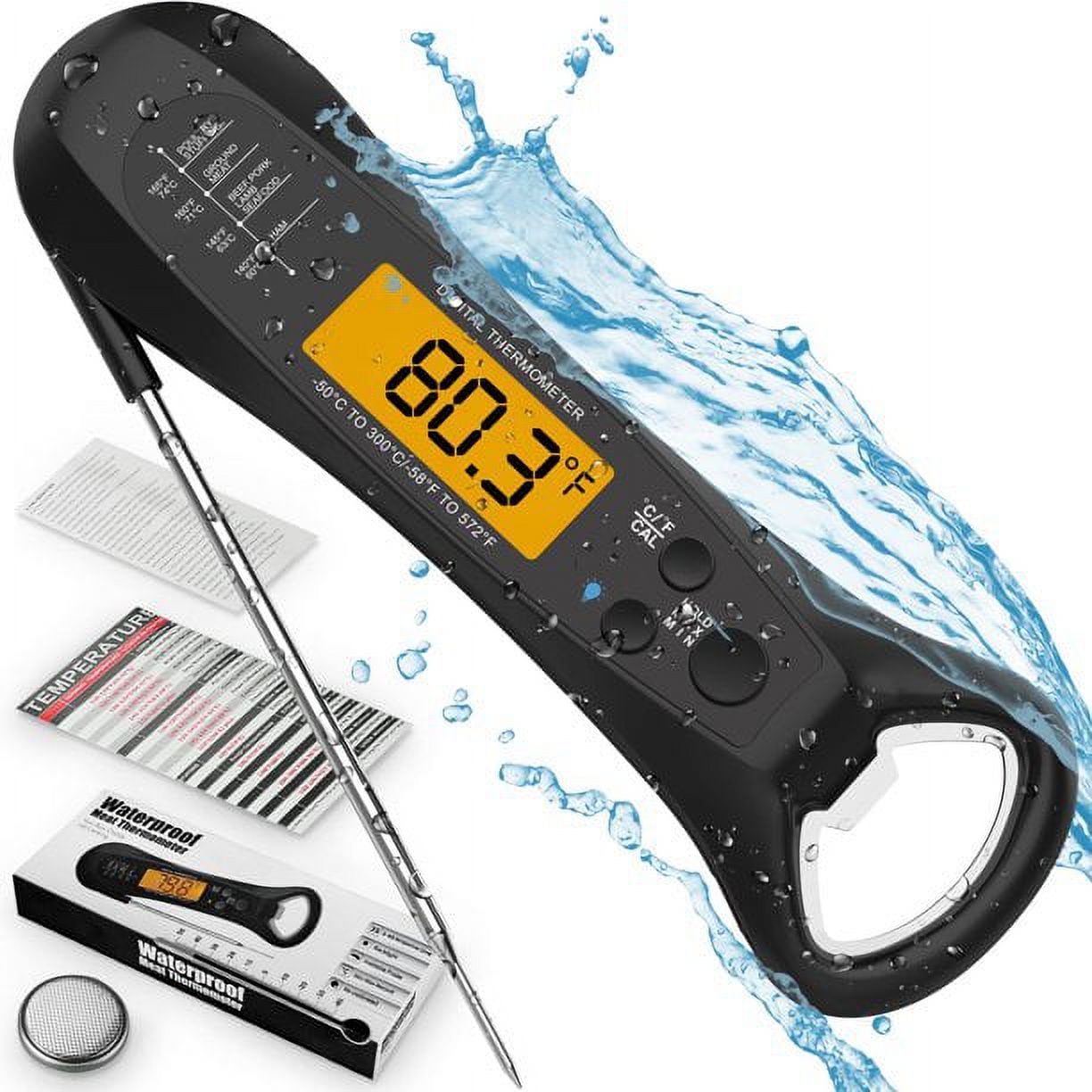 Black Digital Waterproof Instant Read Meat Thermometer with Backlight