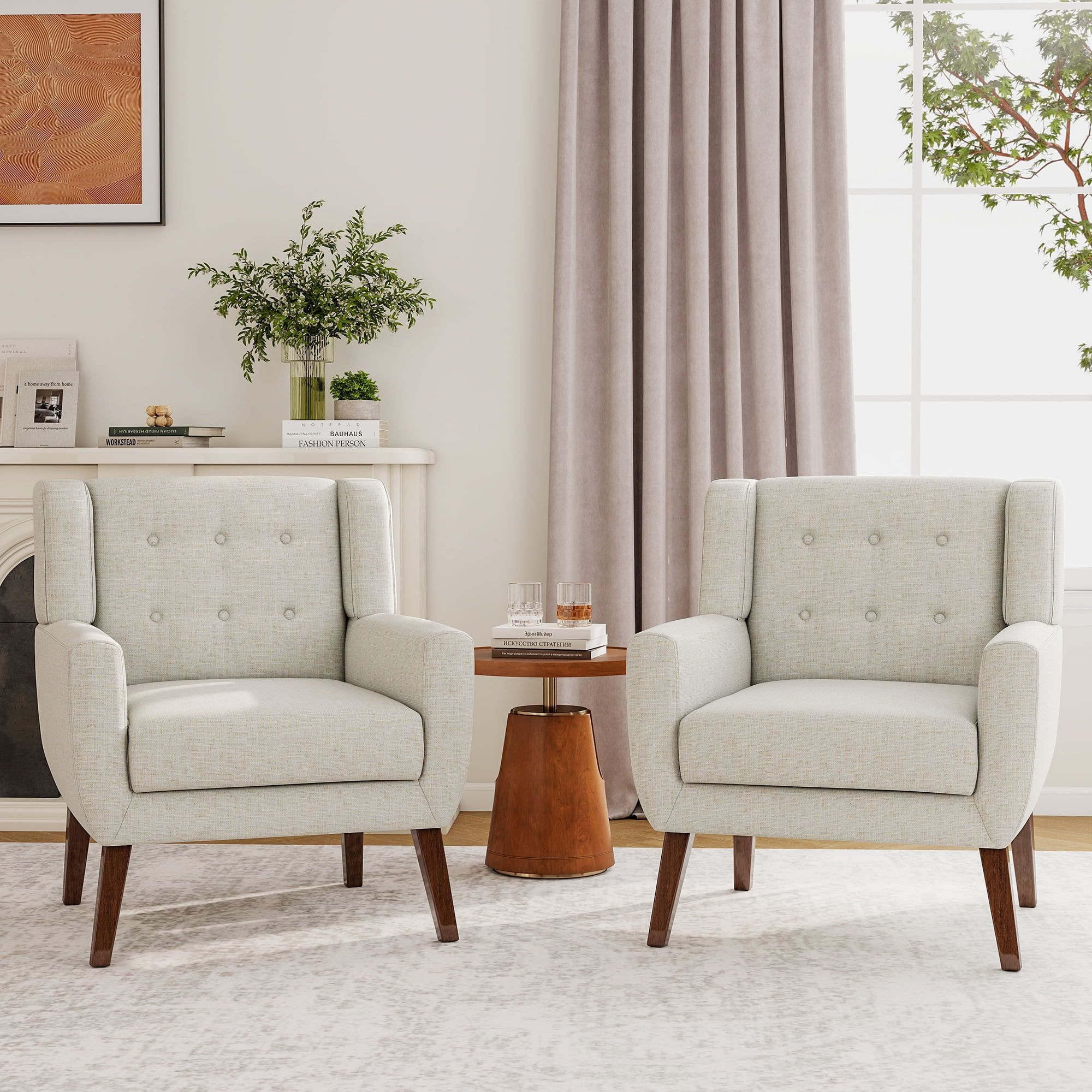 Beige Linen Upholstered Barrel Accent Chair Set with Wood Legs