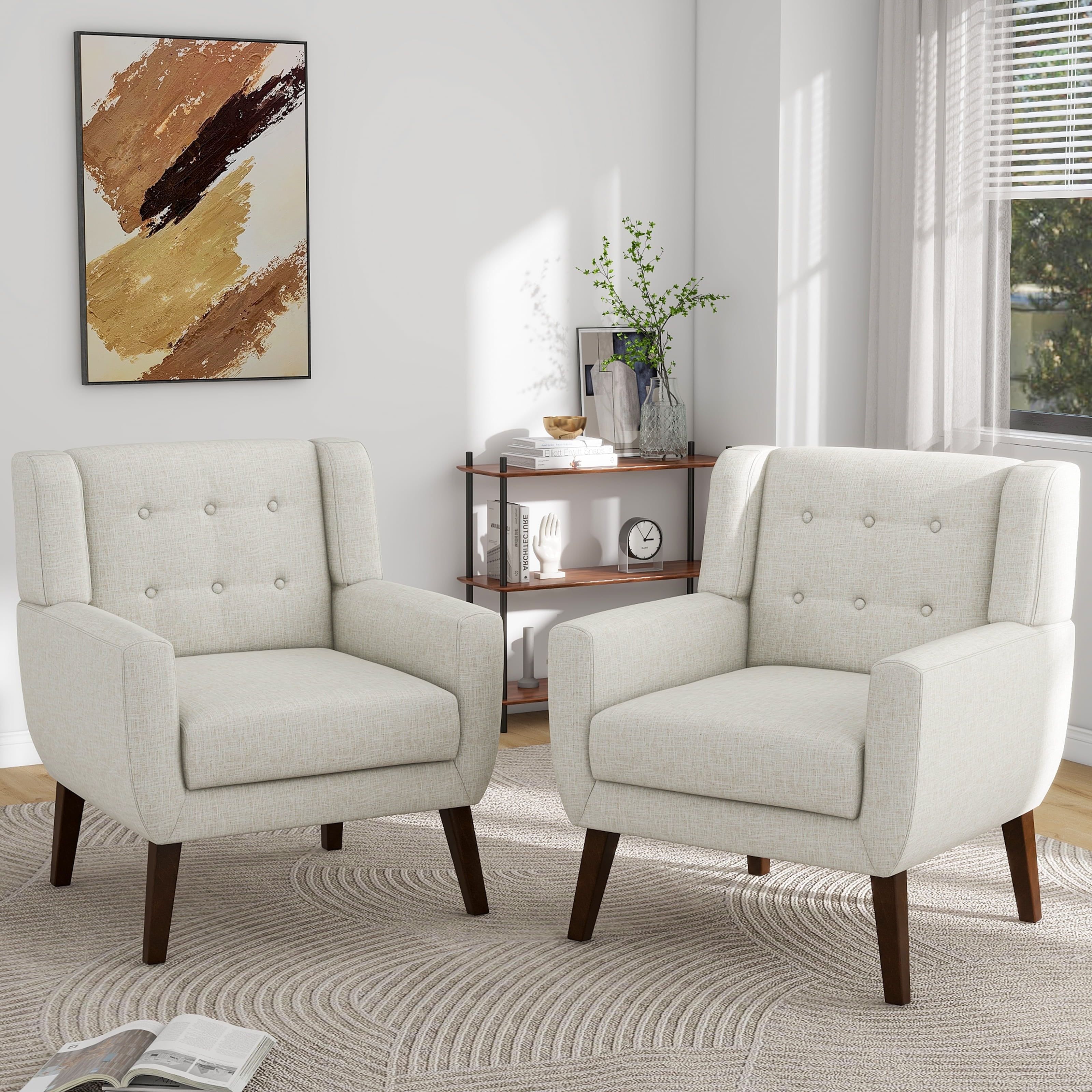 Beige Linen Upholstered Barrel Accent Chair Set with Wood Legs