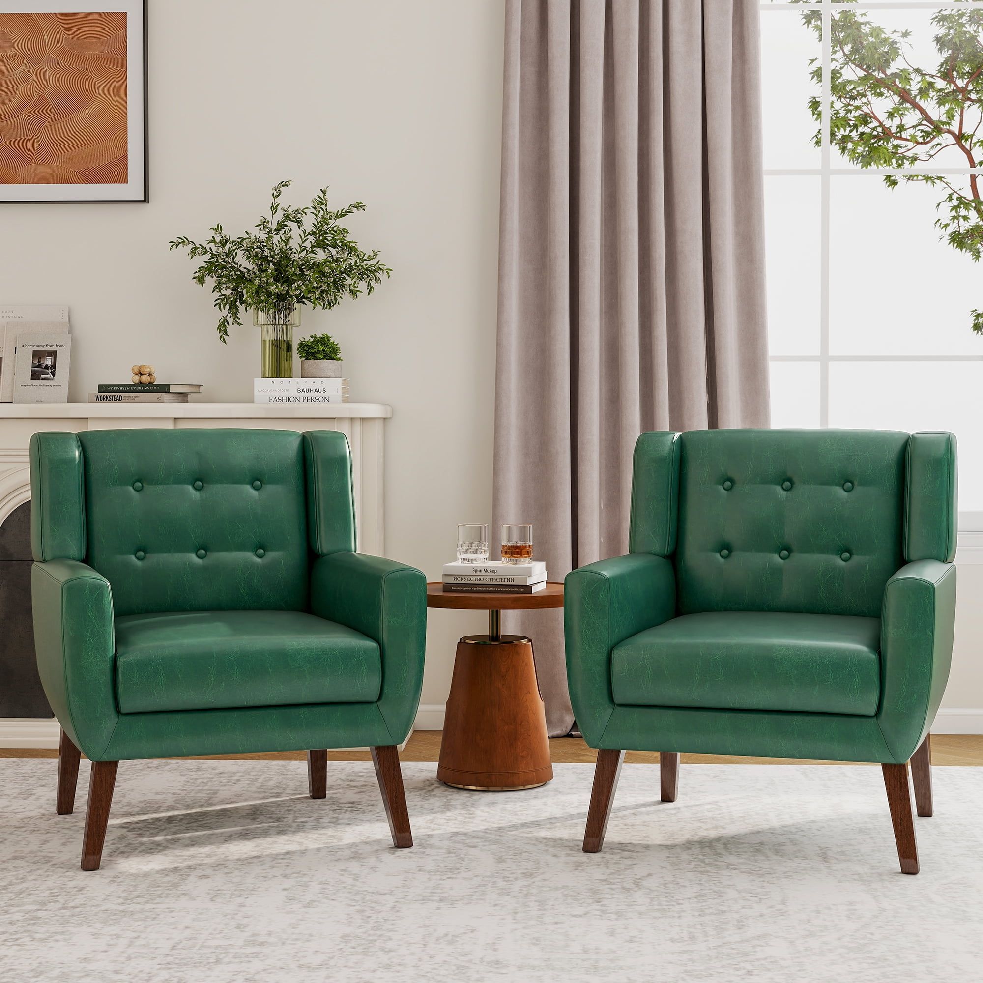 Green Faux Leather Barrel Accent Chair with Wood Legs, Set of 2