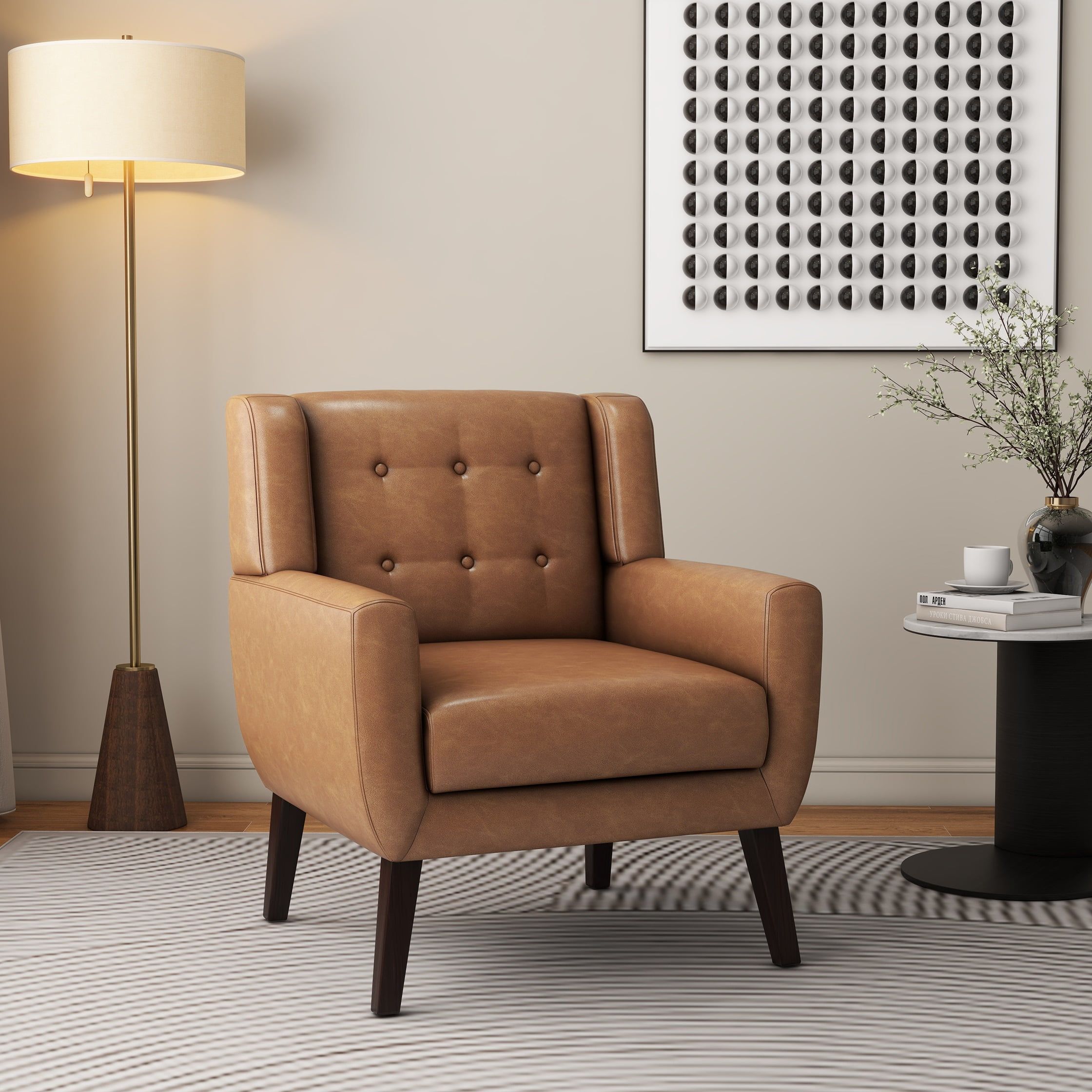 Brown Faux Leather Barrel Accent Chair with Wooden Legs