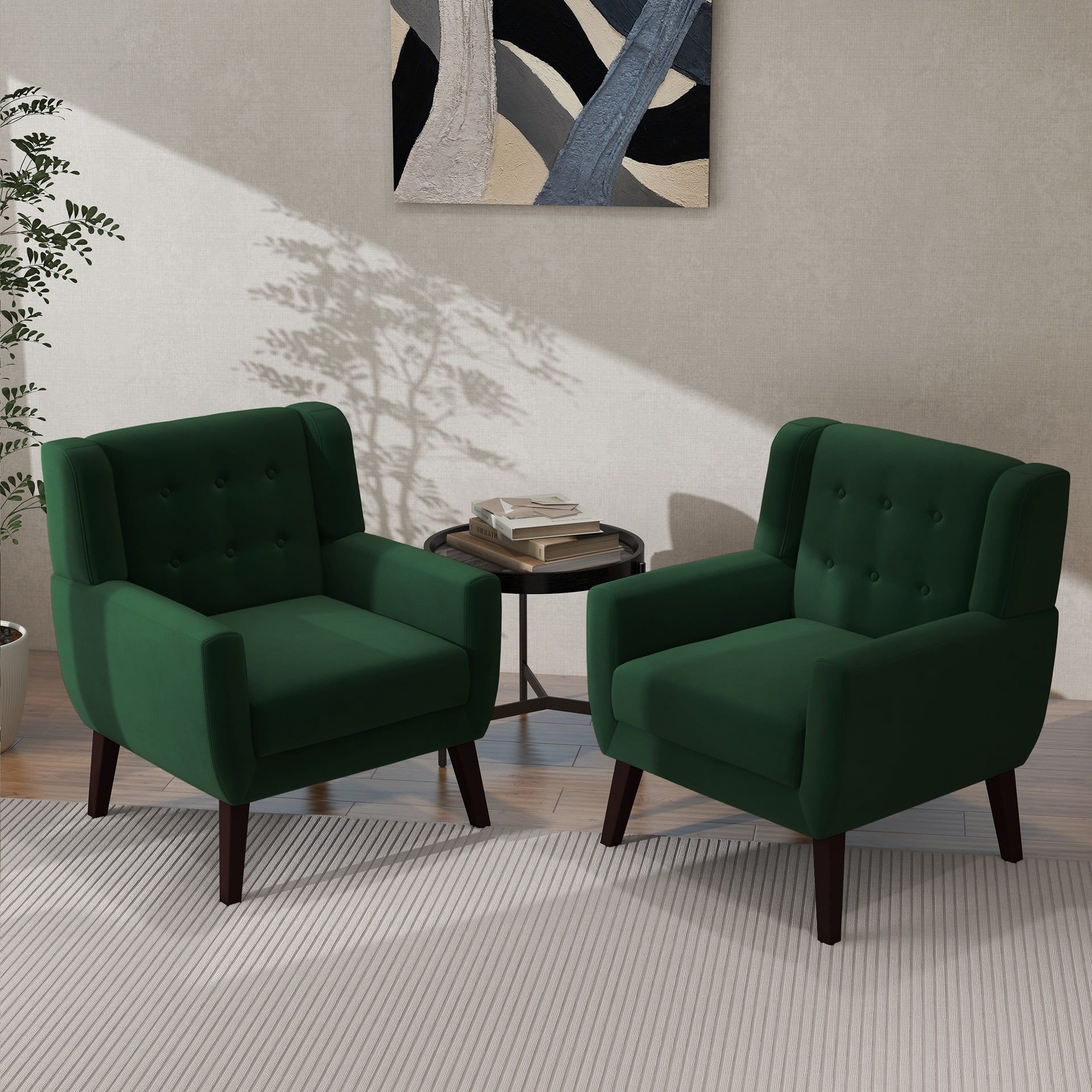 Retro Green Velvet Accent Chairs with Wooden Legs, Set of 2