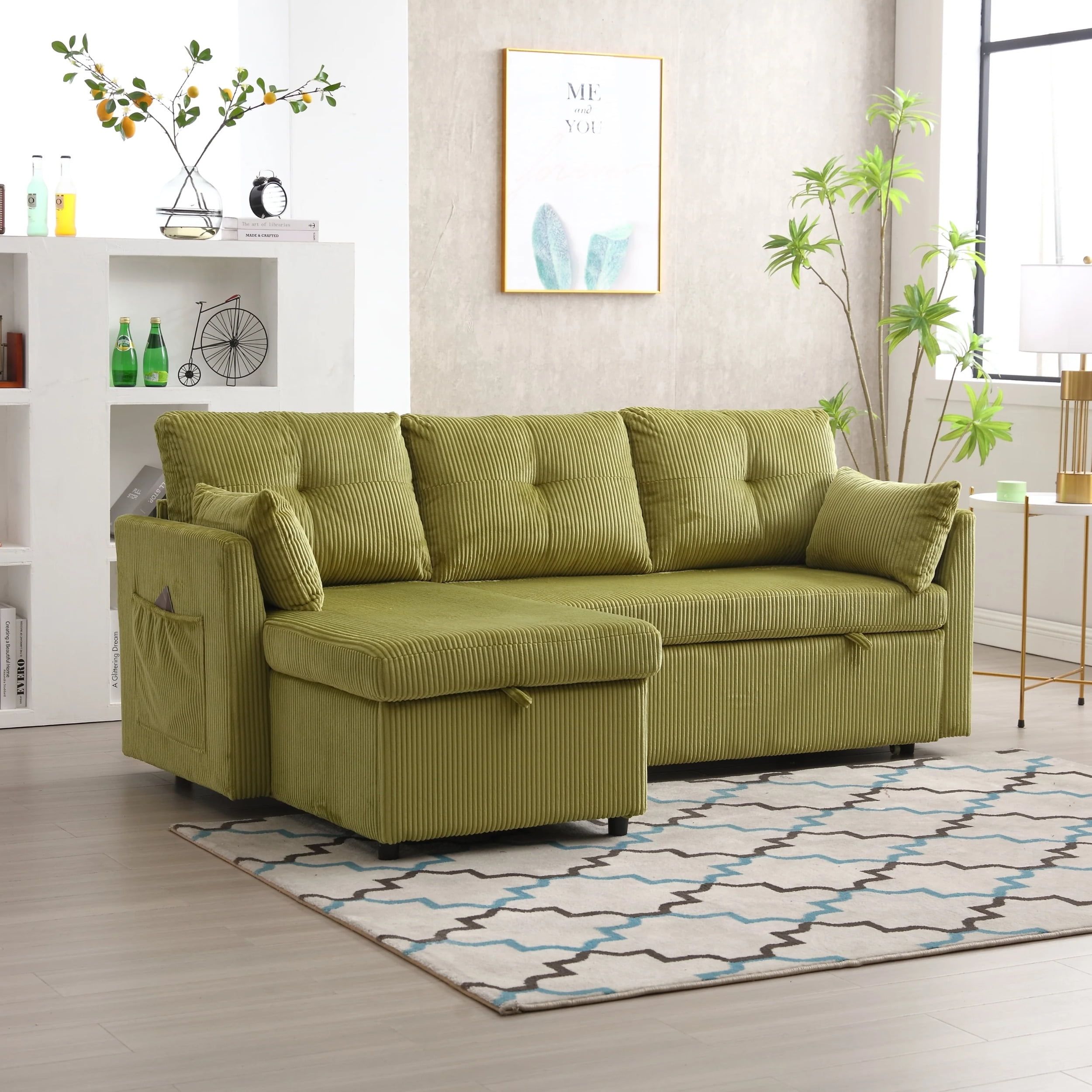 Olive Green Corduroy Modular Sectional Sofa with Storage