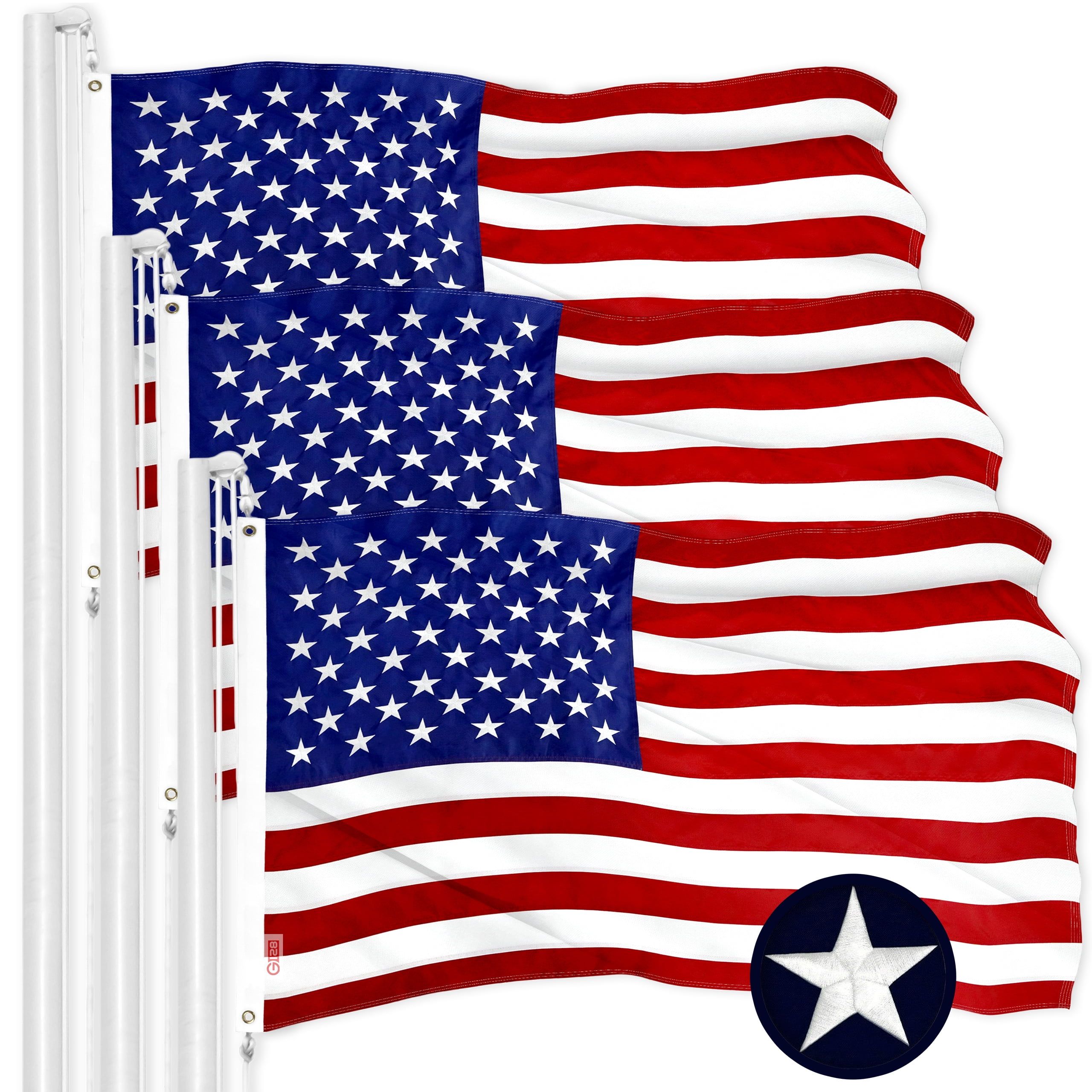 Patriotic 12x18 Inch Embroidered Polyester American Flags, 3-Pack