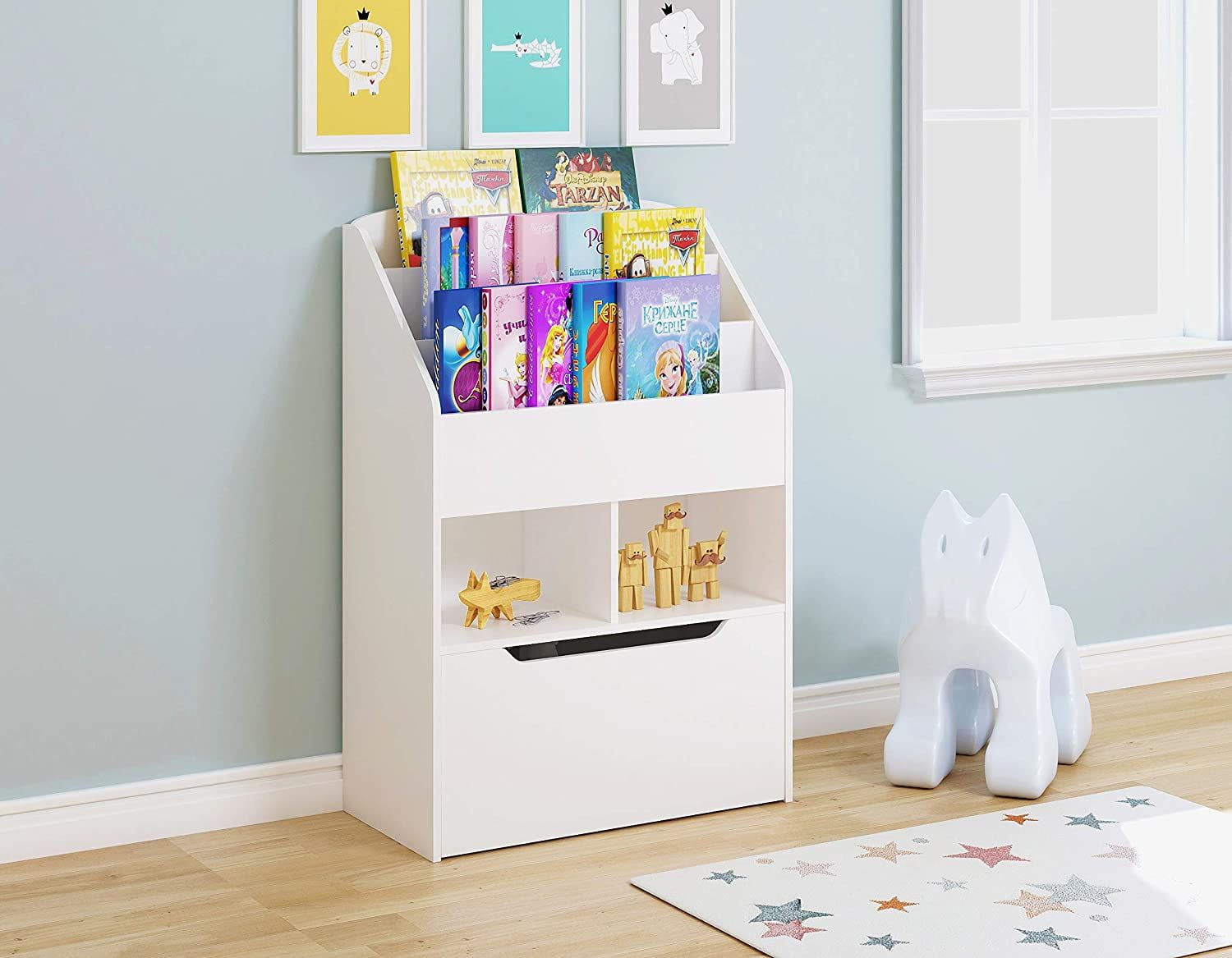 White Wood Kids Bookshelf with Rolling Toy Box