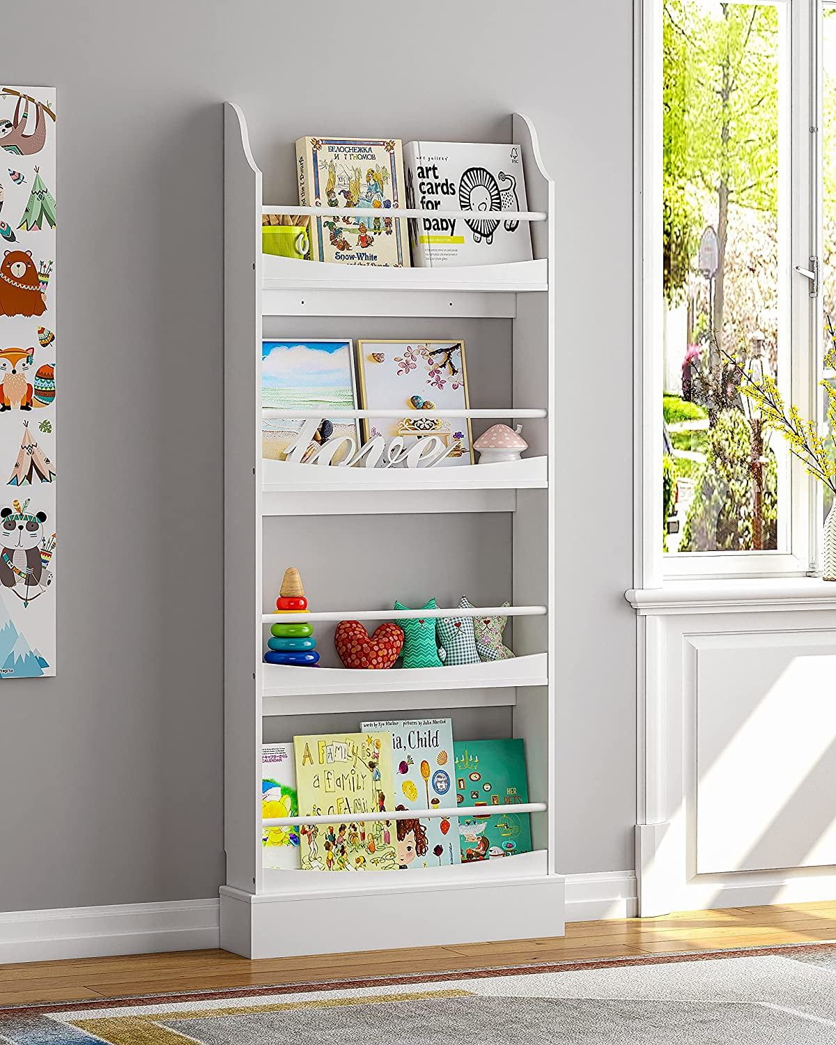 White 4-Shelf Kids Bookcase with Safety Wall Mount