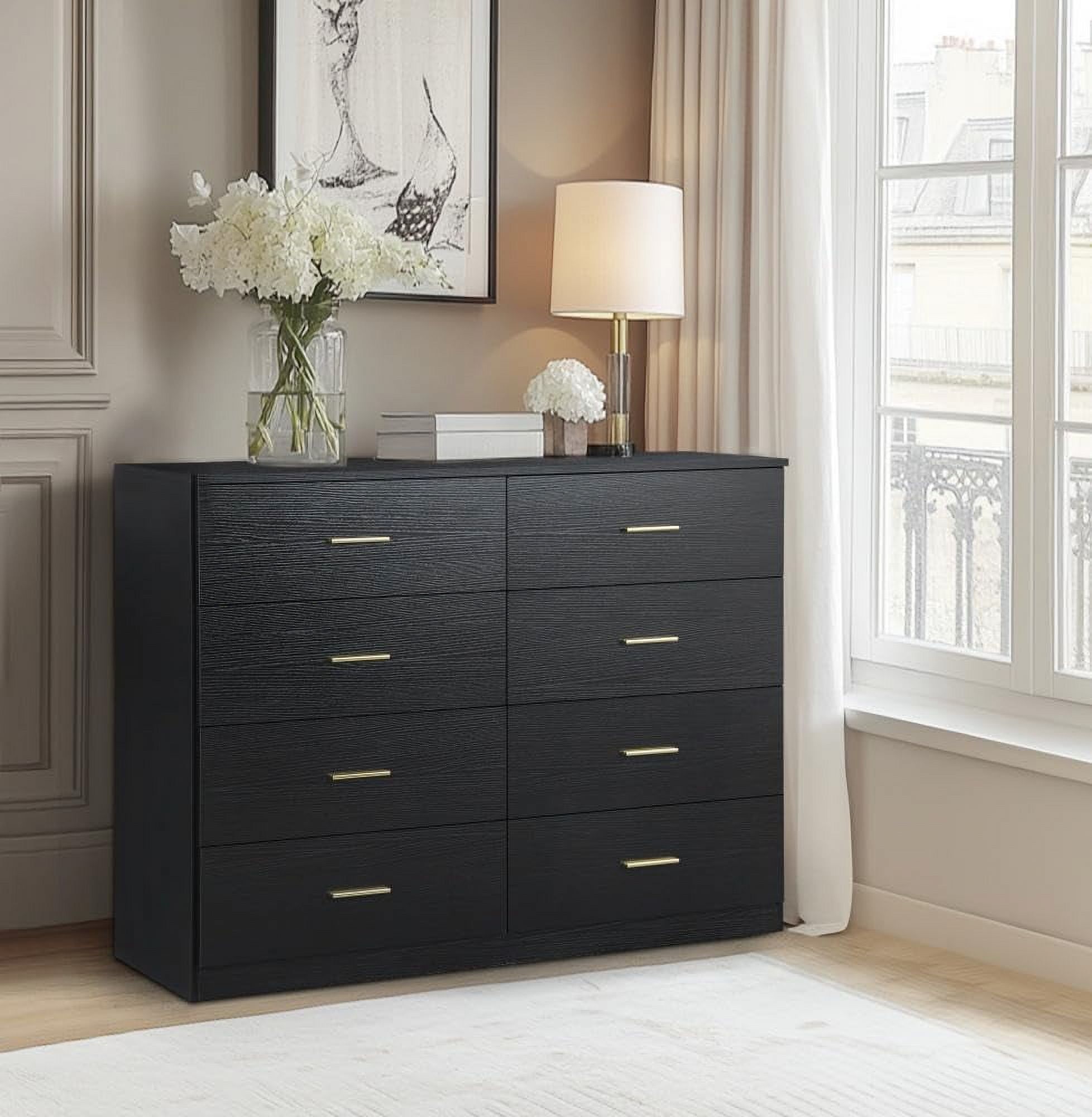 Black 8-Drawer Dresser with Gold Handles for Bedroom