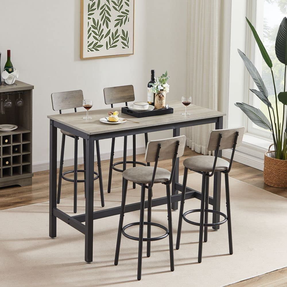 Gray Industrial Pub Table Set with 4 PU Upholstered Stools