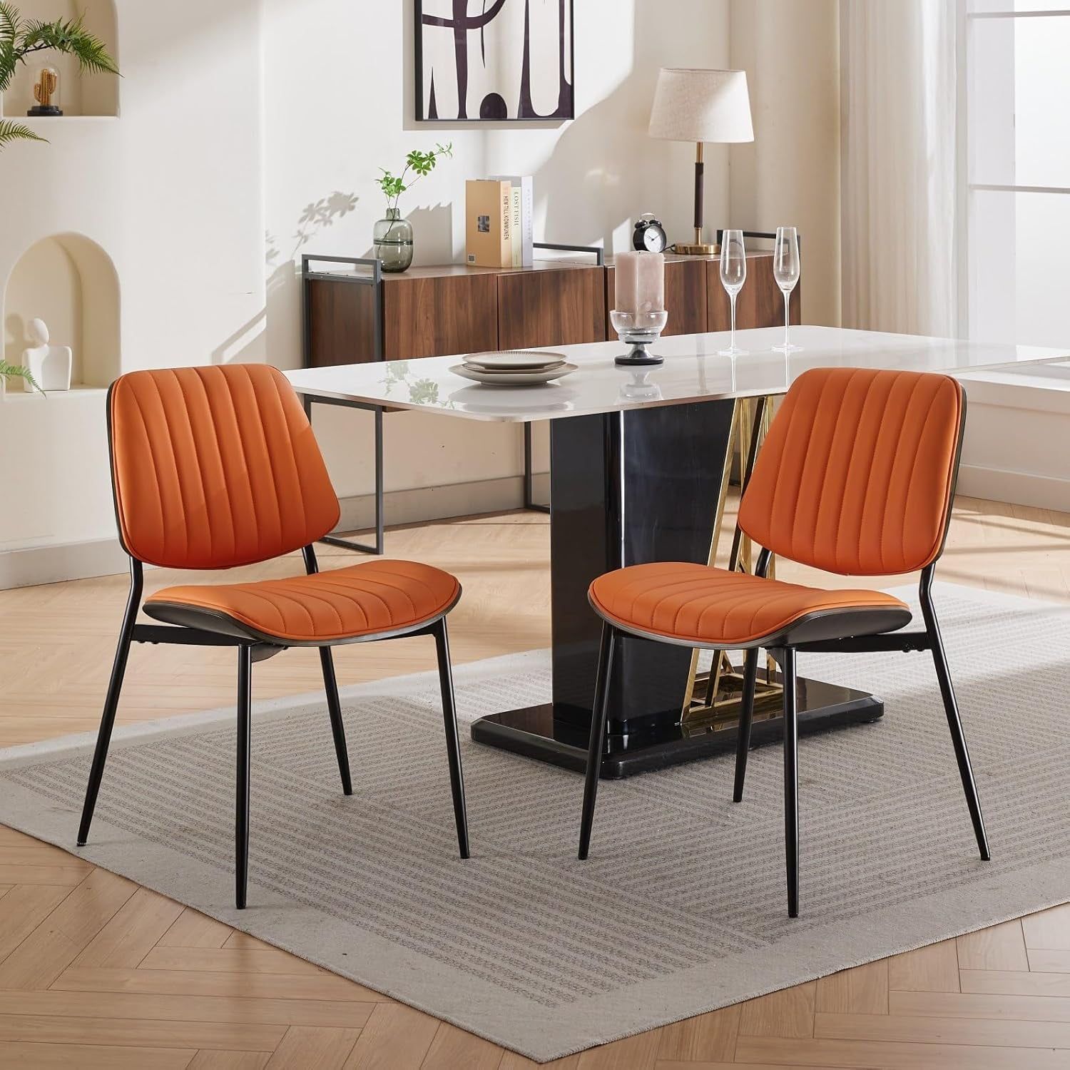 Mid-Century Modern Orange Faux Leather Dining Chairs with Metal Legs