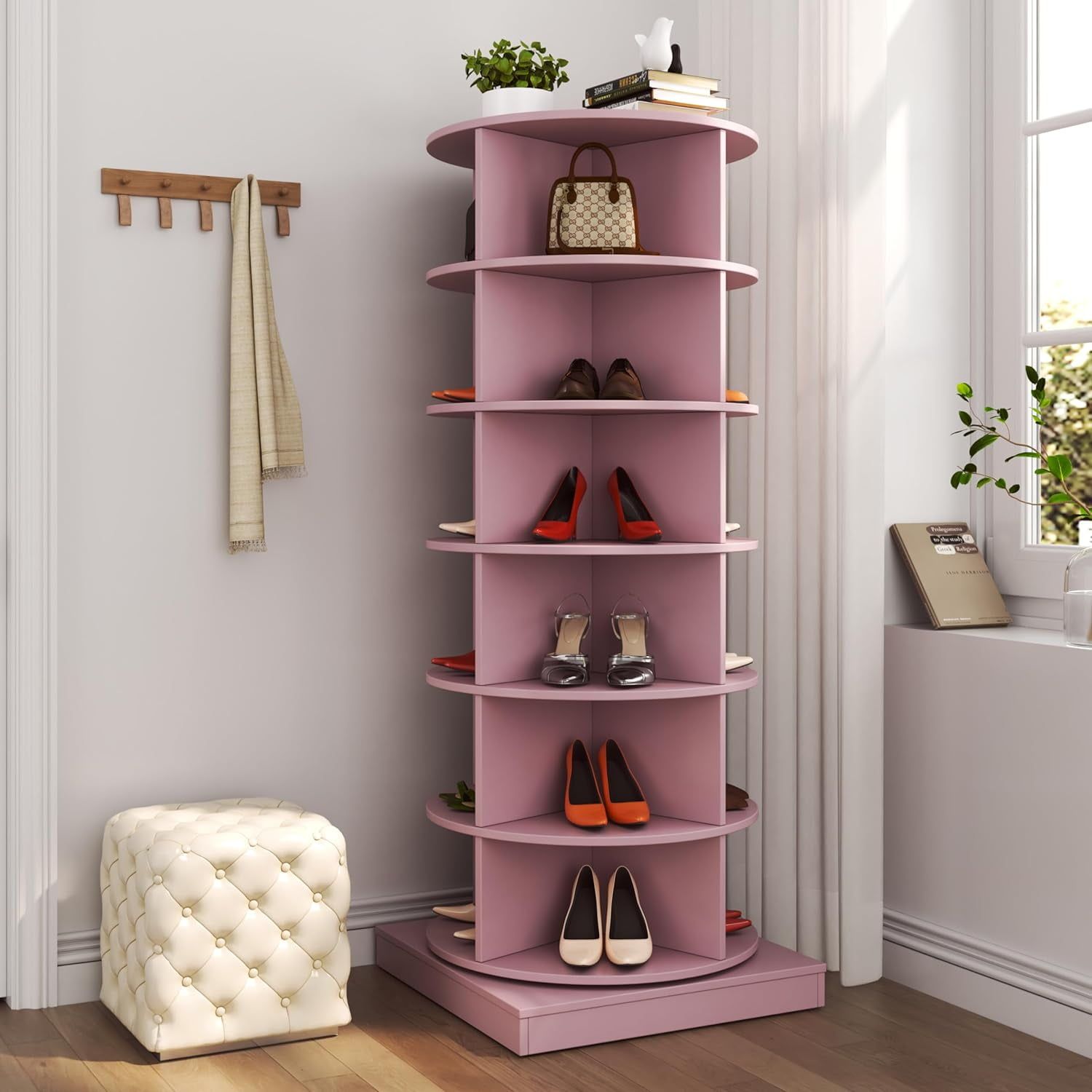 Pink 6-Tier Rotating Particle Board Shoe Rack Tower