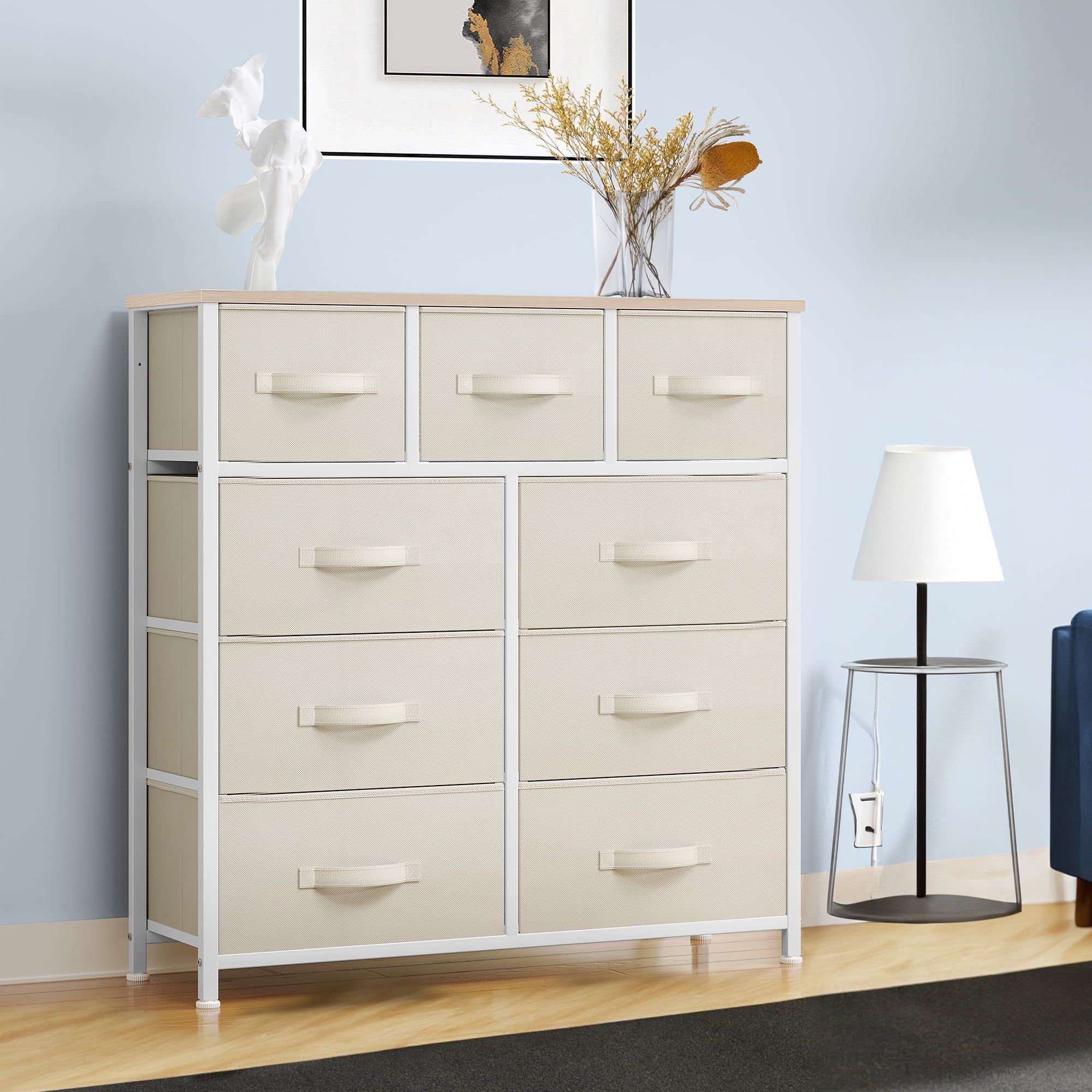 Cream White 9-Drawer Fabric Dresser with Adjustable Feet