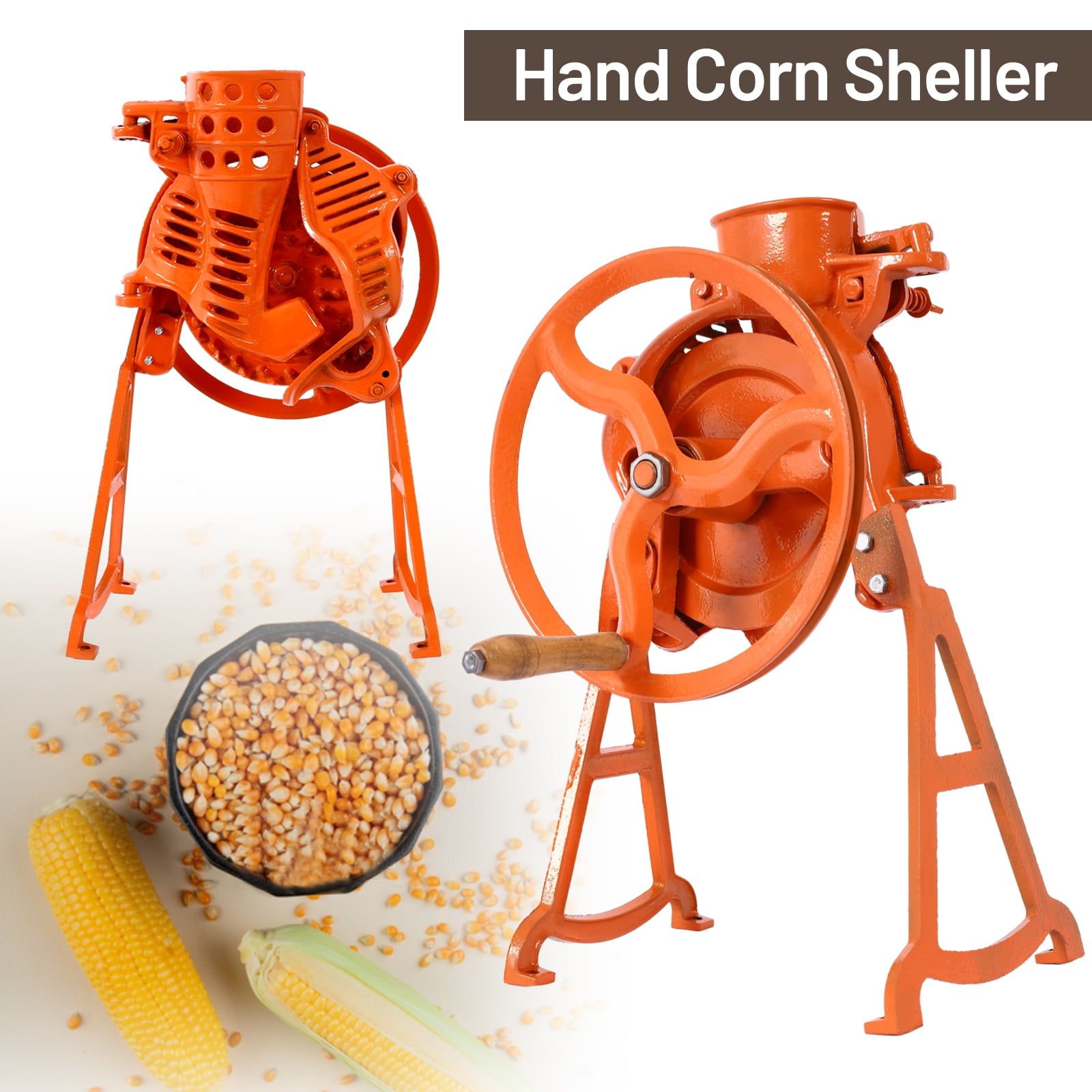 Heavy Duty Orange Cast Iron Hand Corn Sheller with Wooden Handle