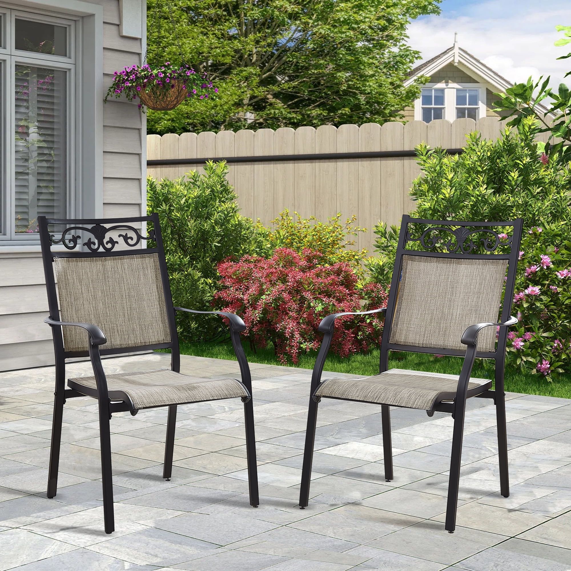 Black and Grey Cast Aluminum Patio Dining Armchairs, Set of 2