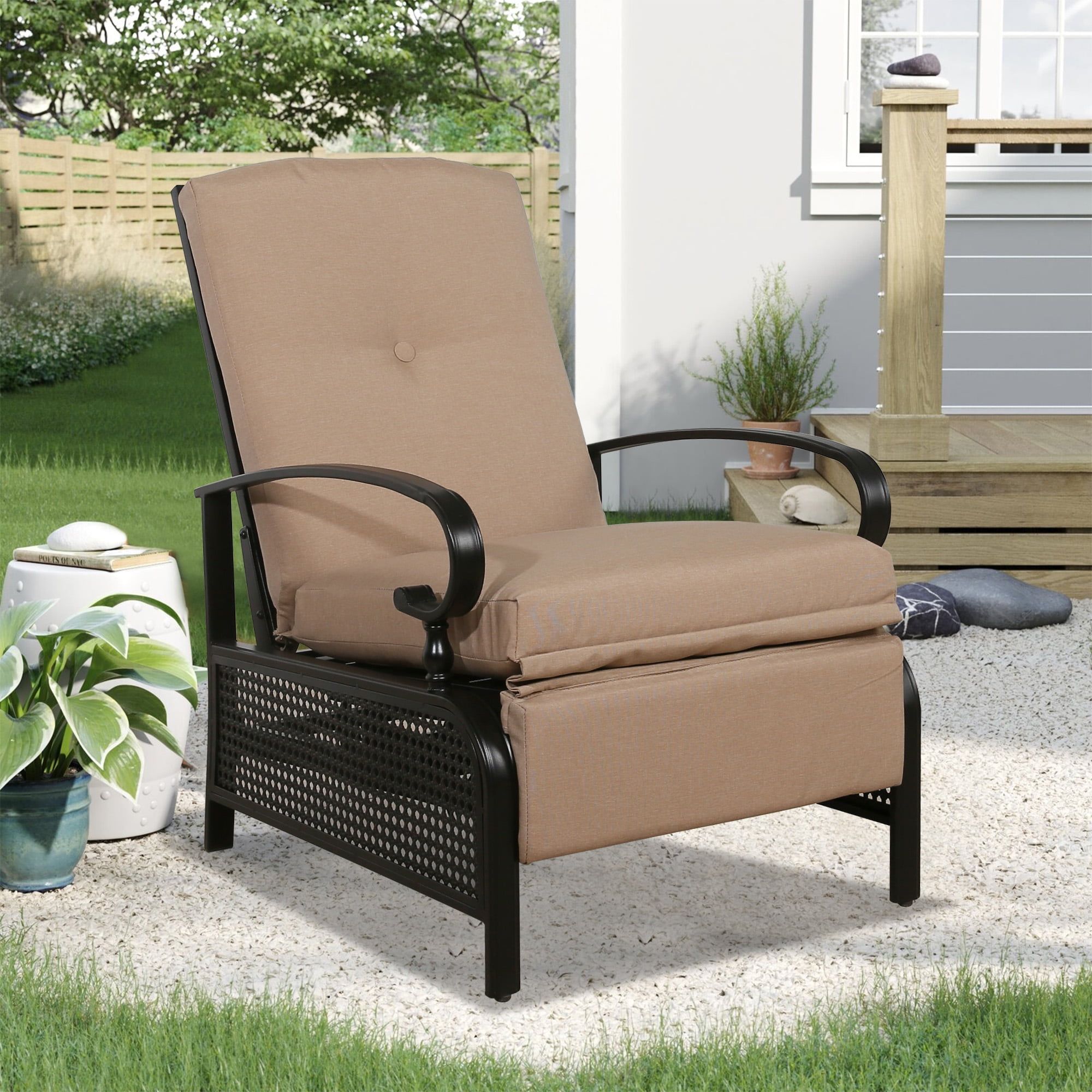 Beige Adjustable Outdoor Recliner Chair with Cushions