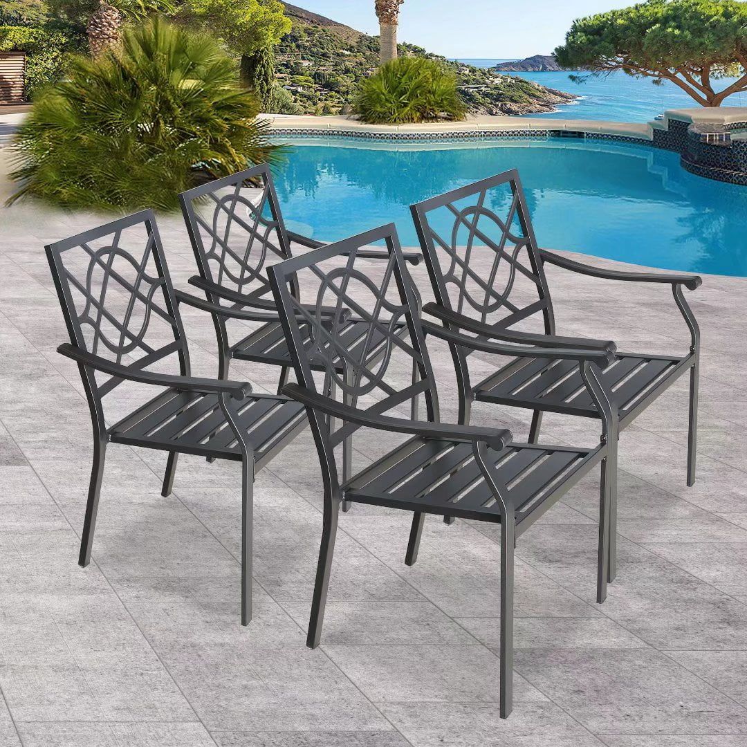 Black Steel Stackable Outdoor Dining Chairs with Armrests, Set of 4