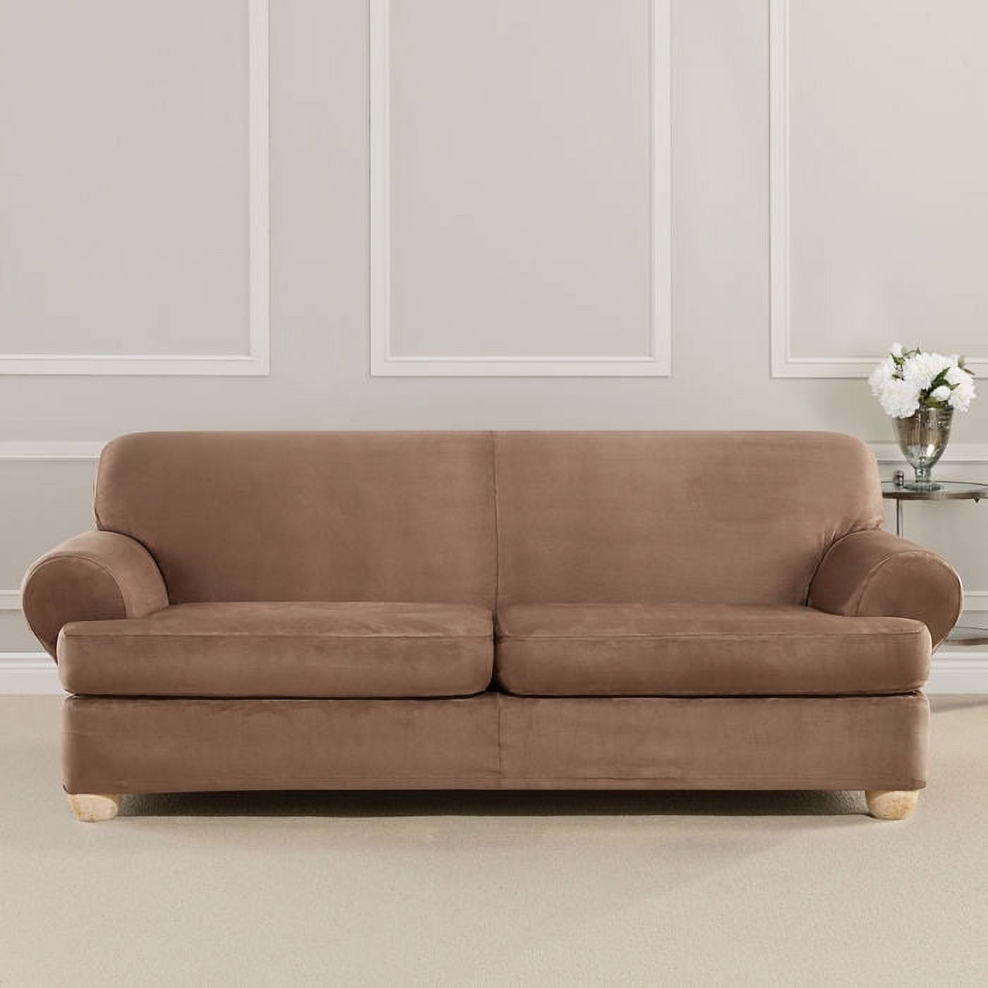 Heavyweight Stretch Faux Suede T-Cushion Sofa Slipcover in Luggage