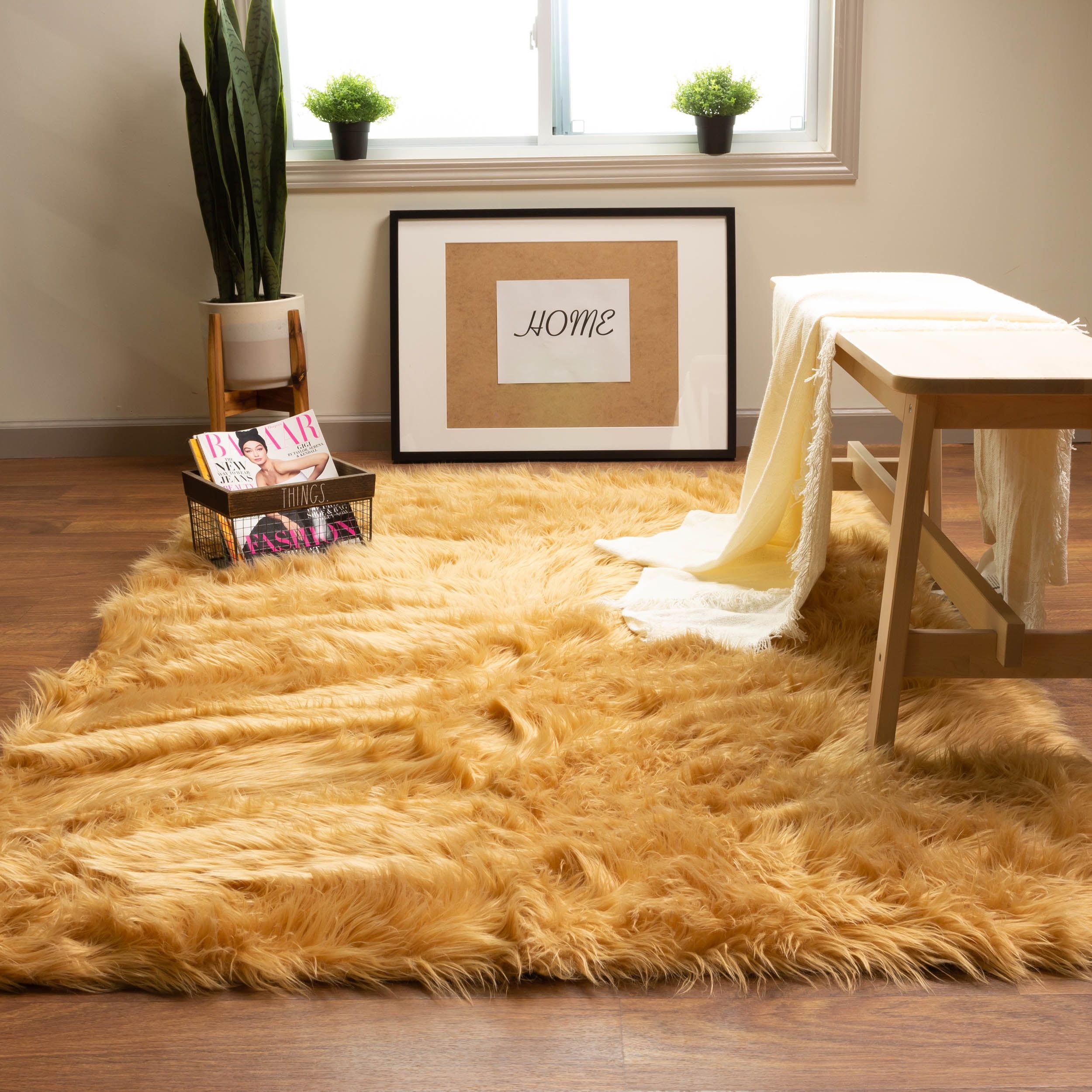 Serene Deluxe Light Brown Faux Sheepskin 6' x 9' Shag Rug