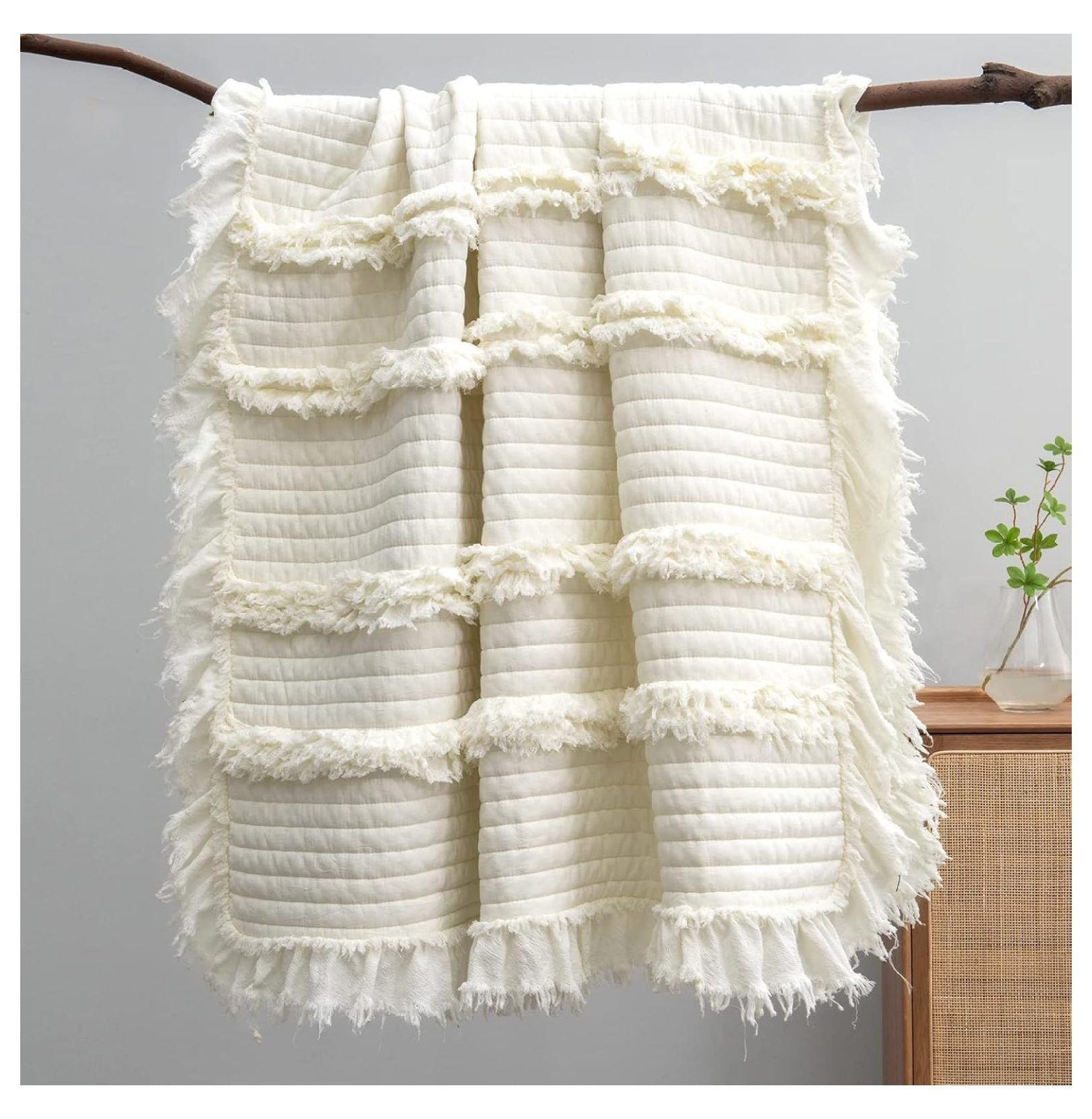 Cream Quilted Boho Throw Blanket with Ruffled Lace, 50" x 60"