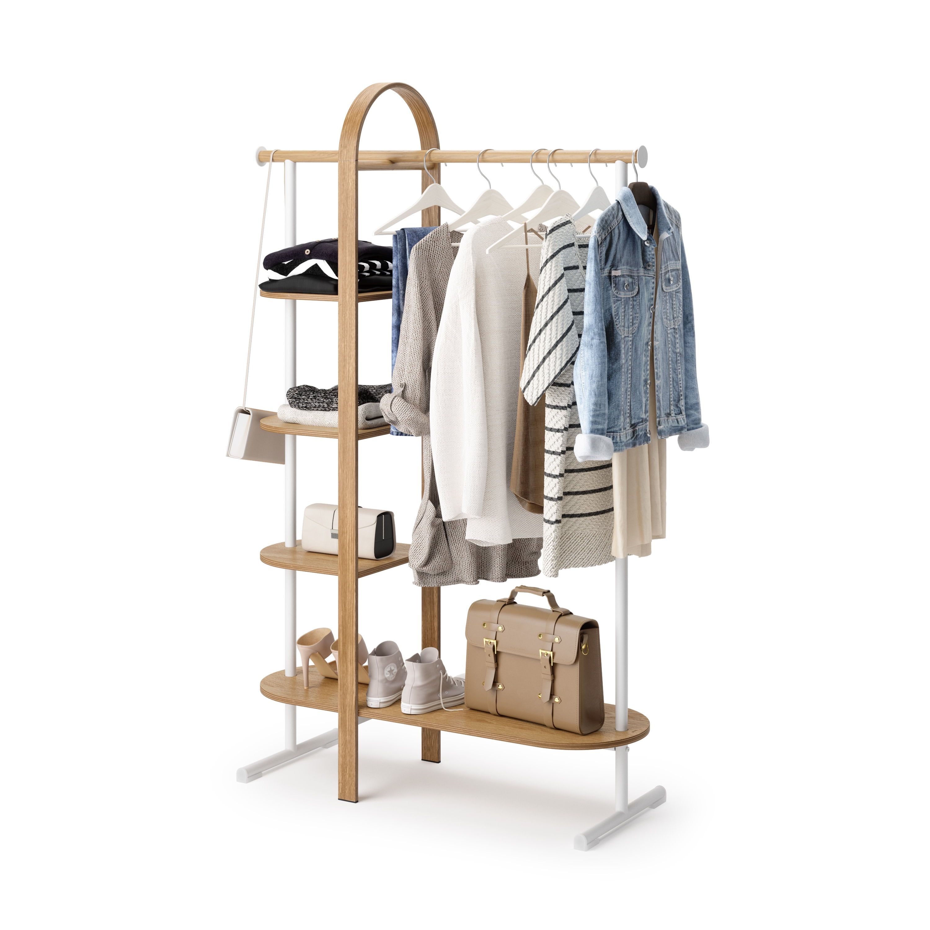 Bellwood White and Natural Wood Garment Rack with Shelves