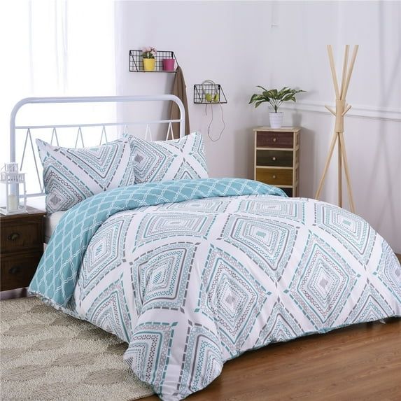 Light Blue Geometric King Cotton-Feel Reversible Duvet Cover Set