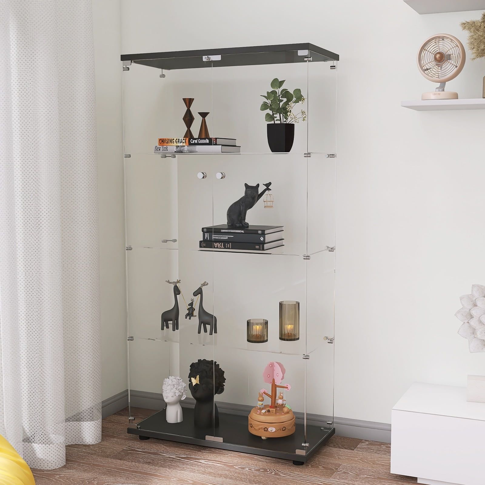 Black Tempered Glass 4-Shelf Display Cabinet with Two Doors