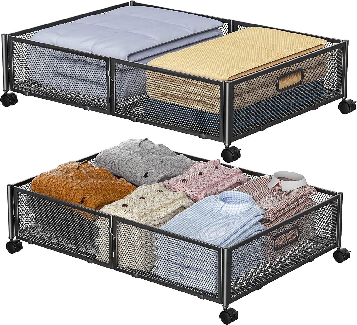 Black Metal Mesh Under Bed Storage Containers with Wheels, 2-Pack