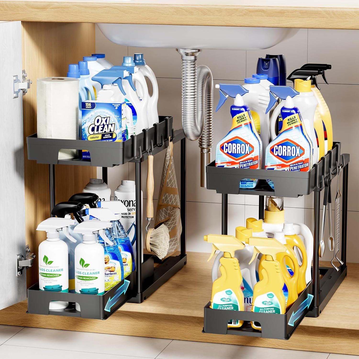 Black Metal 2-Tier L-Shape Under Sink Organizer, 2 Pack