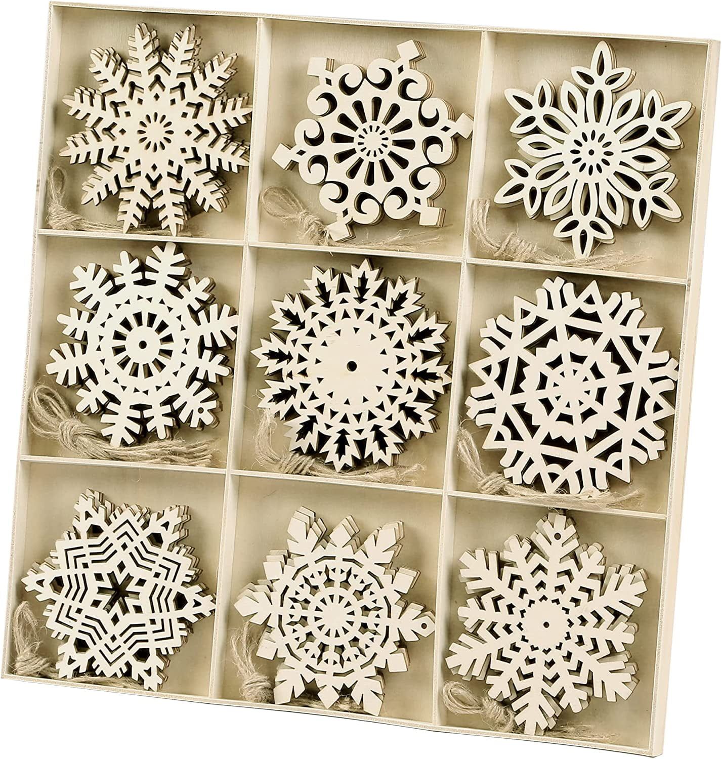 Natural Wood Snowflake Ornaments Set with Twine, 36 Pieces