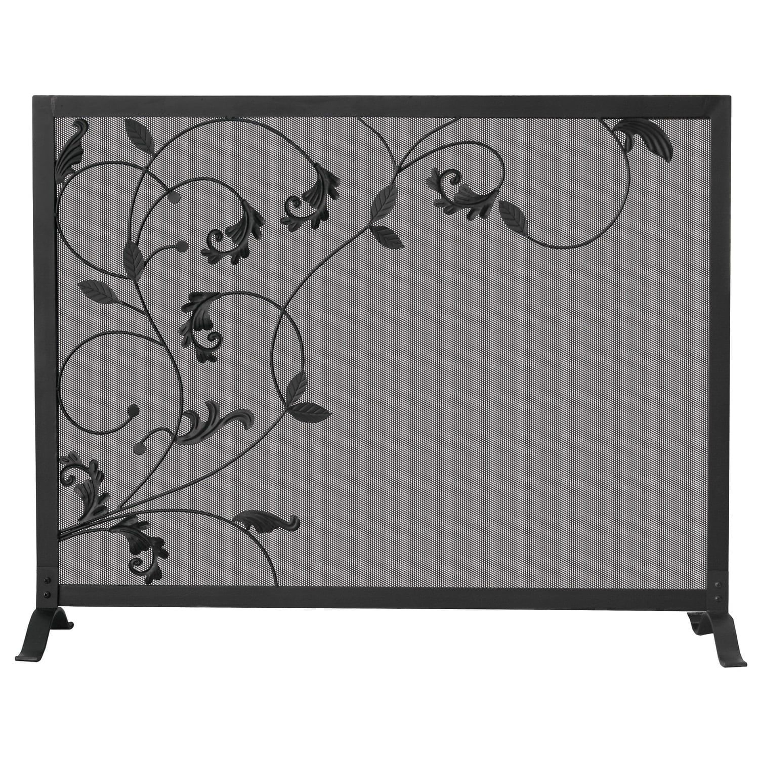 Black Wrought Iron Single Panel Fireplace Screen with Leaf Design