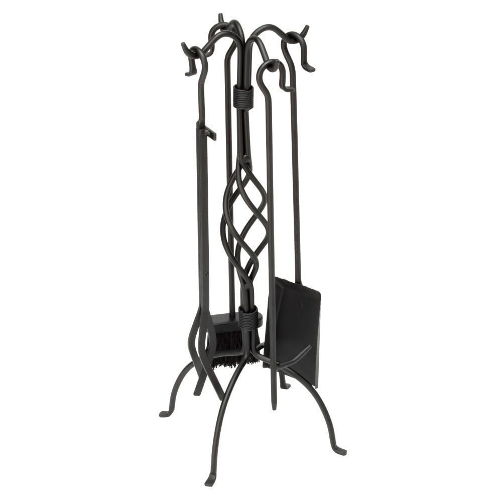 Black Wrought Iron 5-Piece Fireplace Tool Set with Center Weave