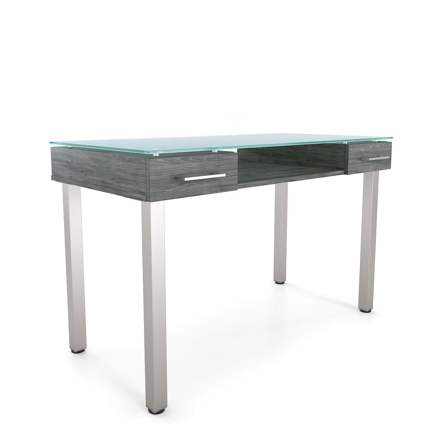 Gray Glass Writing Desk with Metal Legs and Drawers